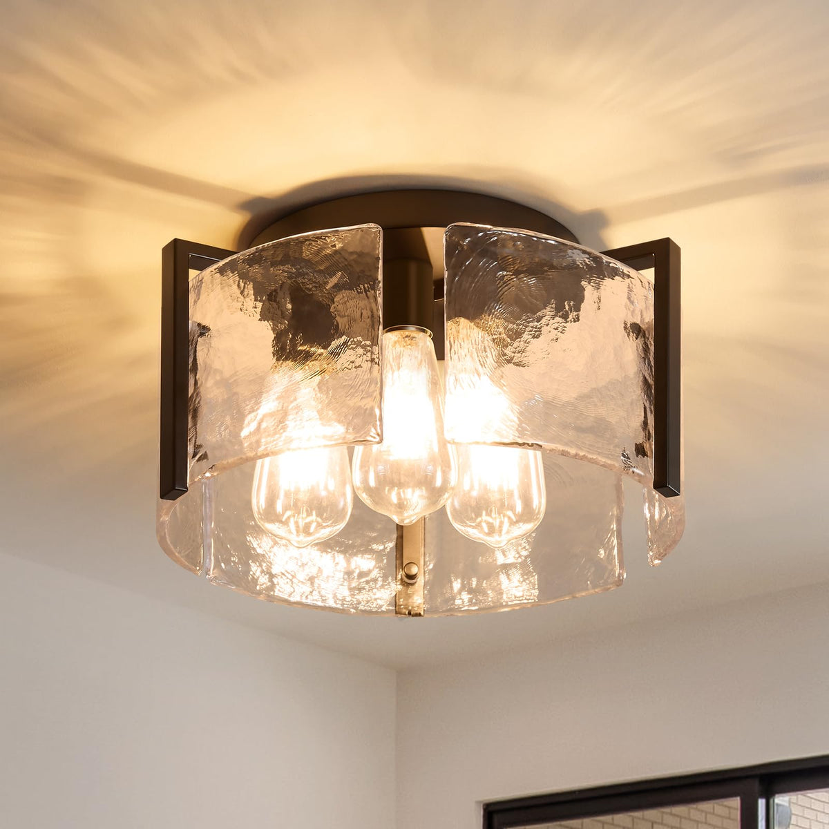Black Semi Flush Mount Ceiling Light, 14" Farmhouse Hallway Light Fixtures | Vintage Drum Glass Entryway Lighting, Mid Century Modern Lights for Kitchen Dining Room Foyer Bedroom Laundry Room Bathroom