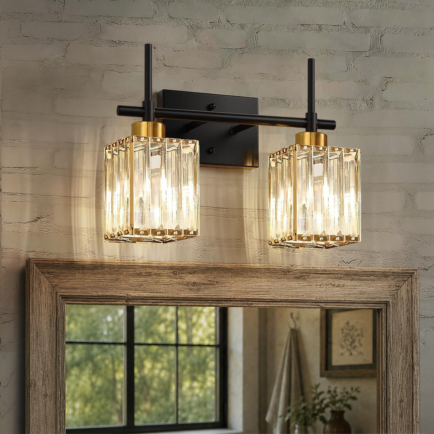 Torondo Modern Crystal Bathroom Vanity Light 4-Lights Gold Bathroom Light Fixtures Over Mirror Black and Gold Vanity Lighting Fixtures Gold Square Shade Brass Wall Sconce (Bulbs Not Include)