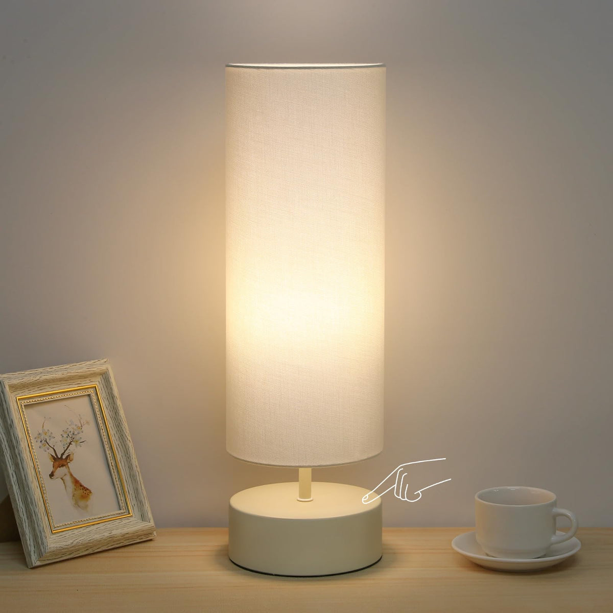 Touch Table Lamp, 3-Way Dimmable Bedside Lamp with Cylinder Fabric Shade | Modern Minimalist Accent Nightstand Desk Lamp, Night Light for Bedroom Living Room Kitchen, LED Bulb Included