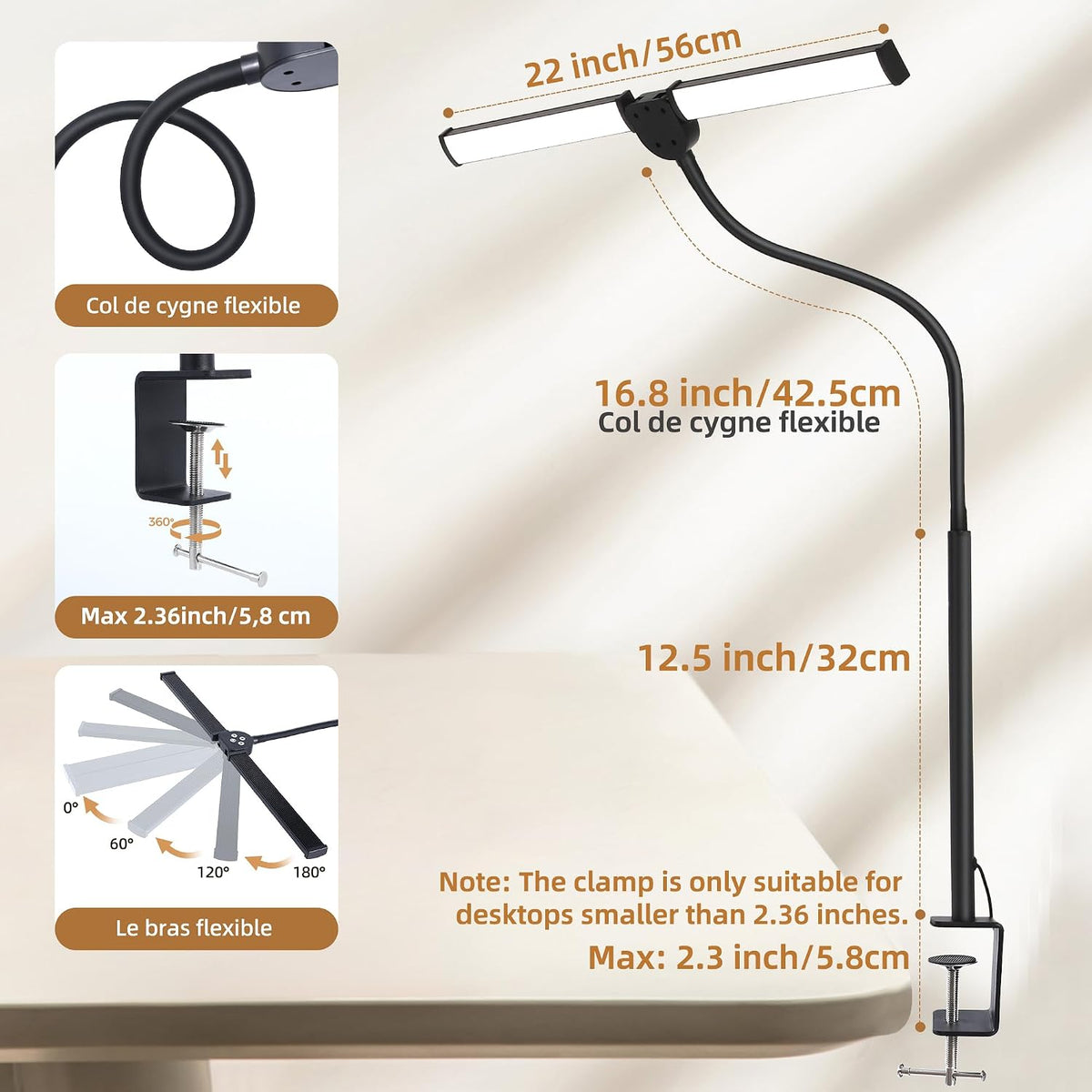 Motumen Led Desk Lamp for Home Office, Eye-Care Desk Light Clamp, Black | Smart Double Head Computer Monitor Table Clip Lamp, Adjustable Flexible Goose-Neck, 25 Lighting Models, Task Lamp