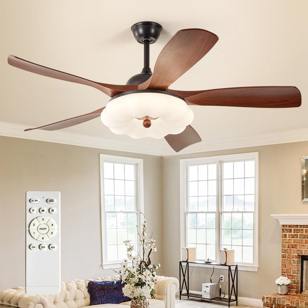 Outdoor Ceiling Fan with Light: 52 Inch 3 Blade Outdoor Fans for Patios - Modern Plastic Walnut Ceiling Fan with Dimmable Light Remote Control Ultra Quiet Reversible DC Motor Timer