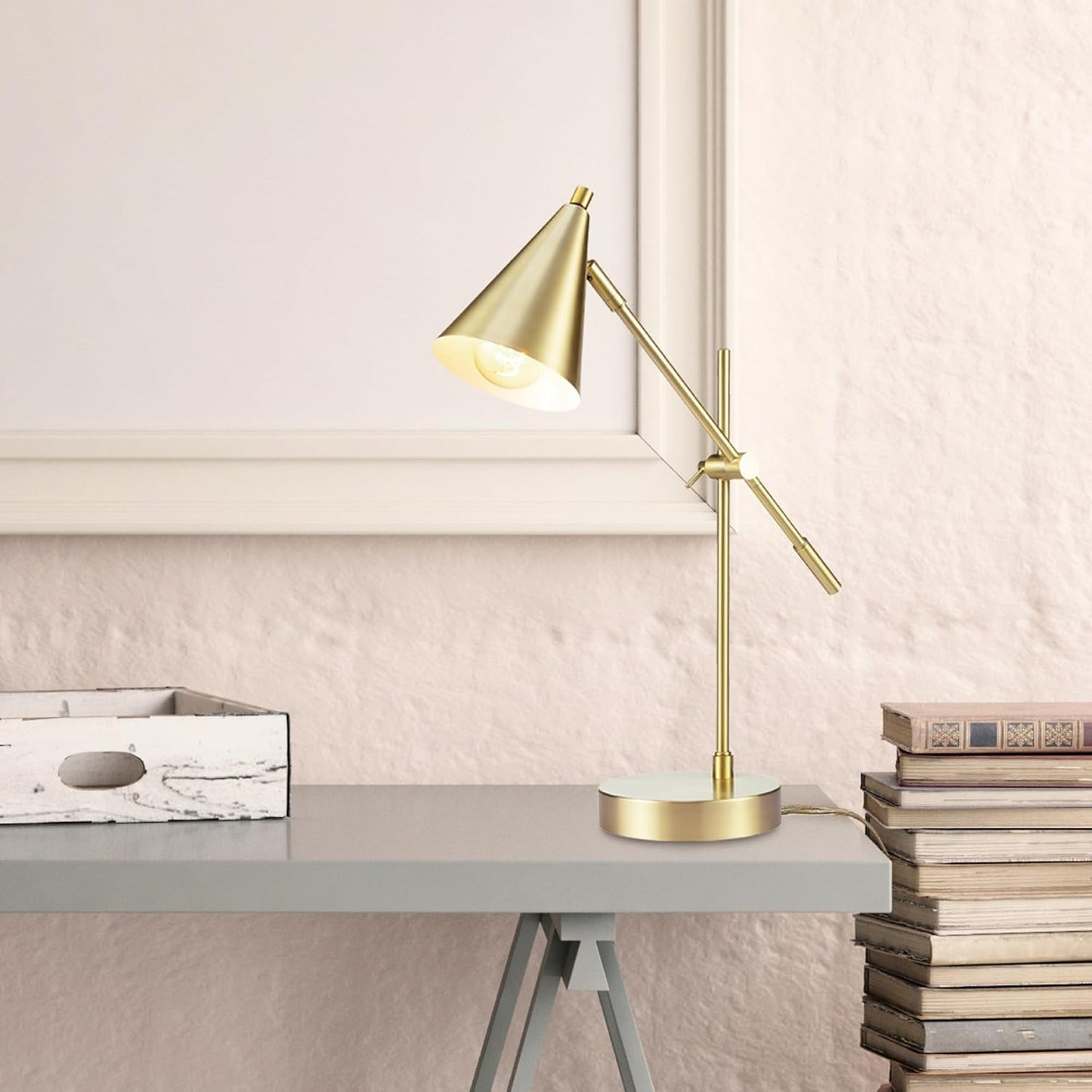 Globe Electric x Novogratz 52887 18" Desk Lamp, Matte Brass Finish, Adjustable Height, Balance Arm, Rotary Switch on Shade, Modern Lighting for Bedroom or Office, E26 Base 50W Bulb