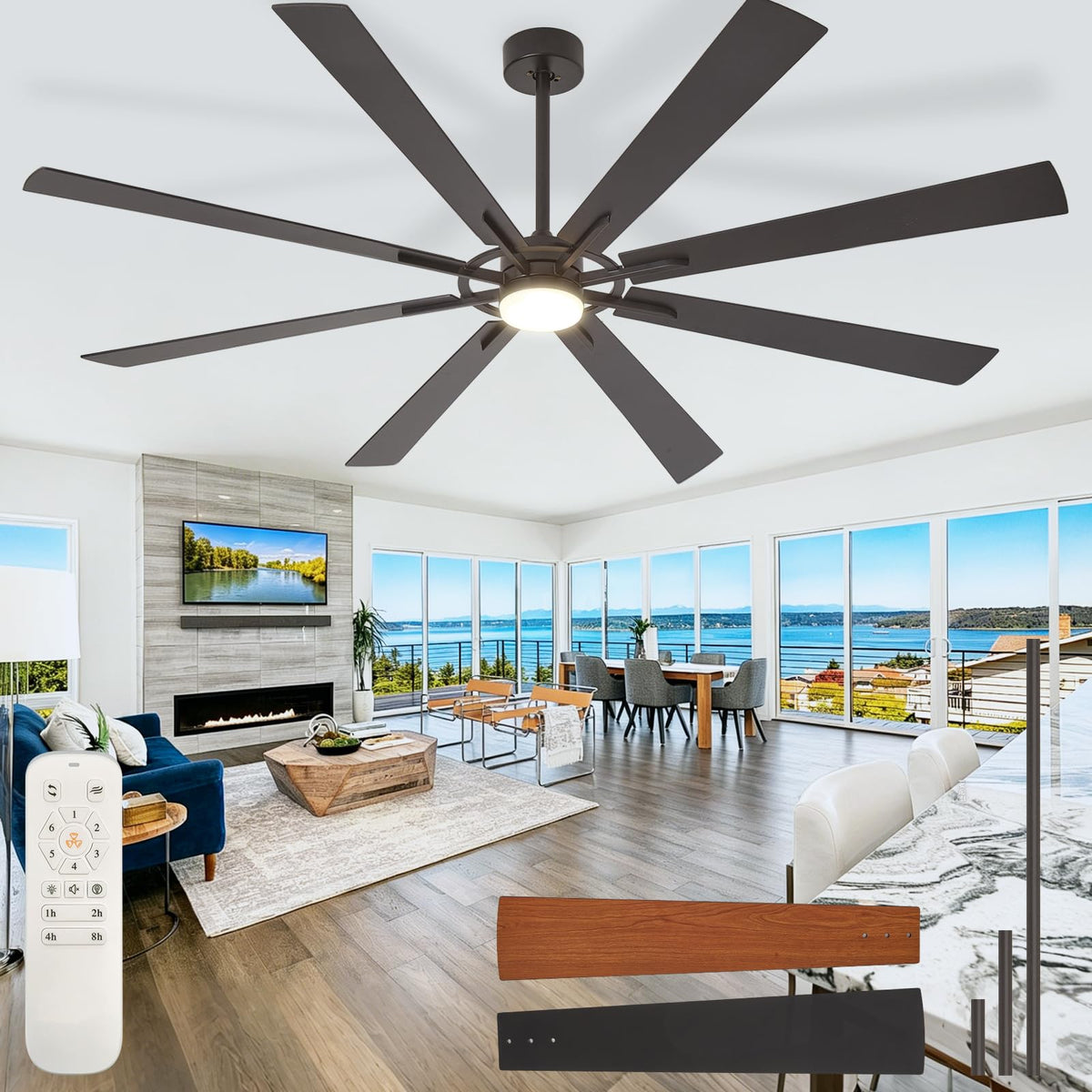 Large Ceiling Fans with Lights: Modern 72 Inch 8 Blade Outdoor Ceiling Fan with Remote APP Control - Dimmable Black Big Fan Light Indoor Reversible 6 Speed Quiet DC Motor