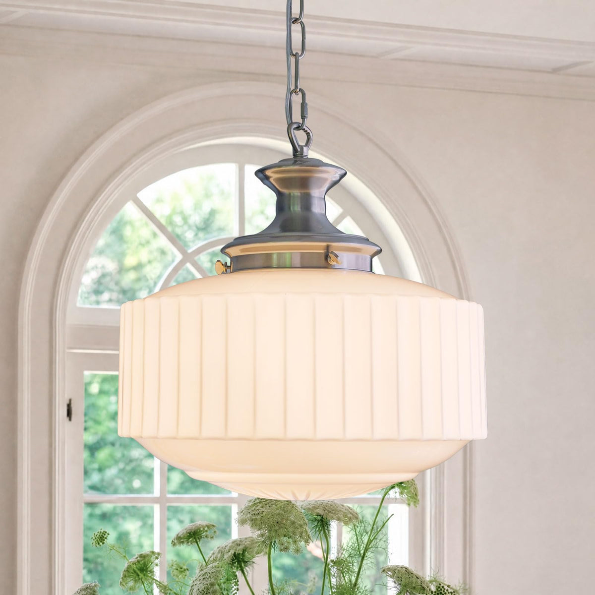 Vintage Brass Milk Glass Pendant Light Fixture, 13.8" White Pleated Glass Chandelier, Antique Pendant Lights, for Kitchen Island Lighting, Hallway, Bedroom, Dining Room, Foyer, E26 Bulb Included