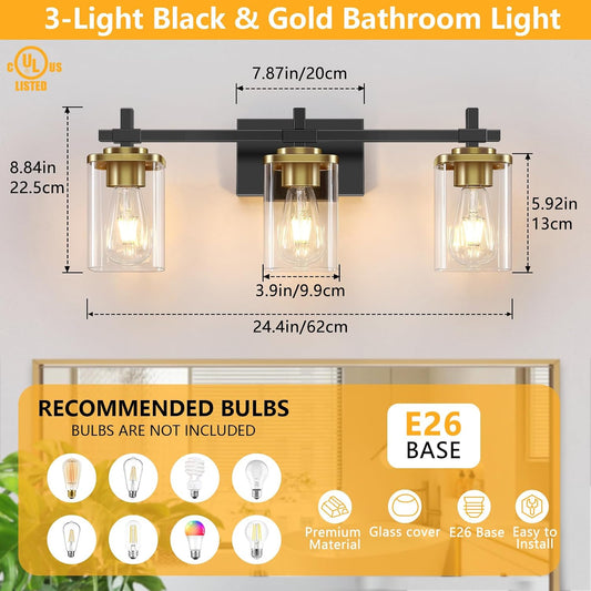 3-Lights Black and Gold Bathroom Light Fixtures Over Mirror, Modern Brushed Gold Vanity Lights for Bathroom, Sconces Wall Lighting with Square Glass Shade for Mirror Bedroom Hallway