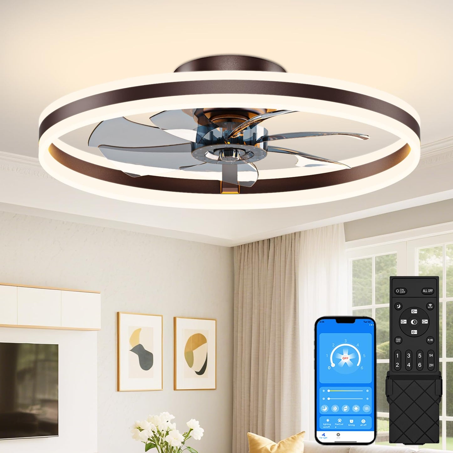 VOLISUN Low Profile Ceiling Fans with Lights and Remote, 27.6in Flush Mount Ceiling Fans with Light, 3000K-6500K Dimmable Fandelier LED Fan Light, Black Bladeless Ceiling Fans with Lights for Bedroom