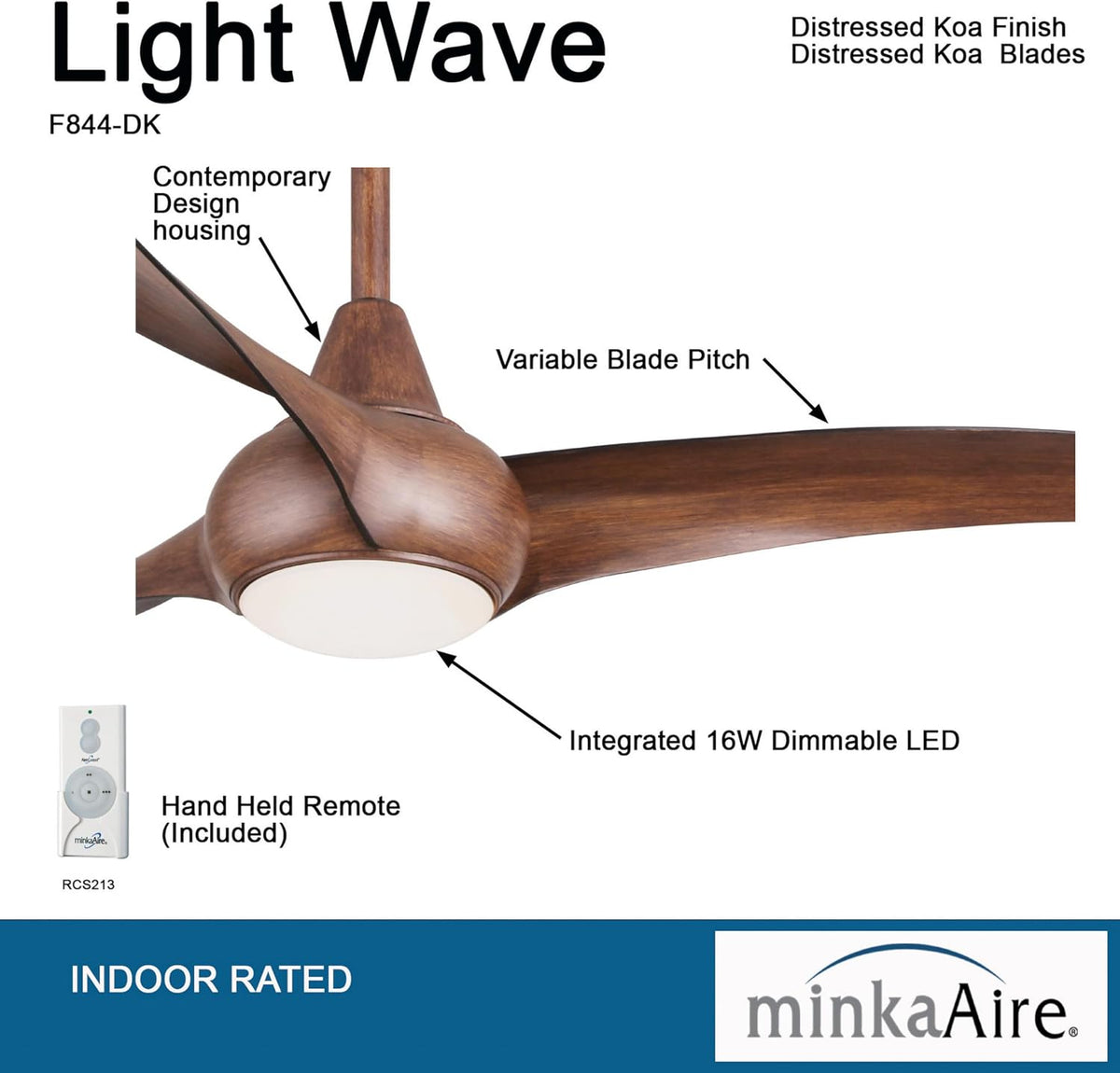 Minka-Aire F844-DK, Light Wave 52" Ceiling Fan with LED Light Kit, Distressed Koa Finish