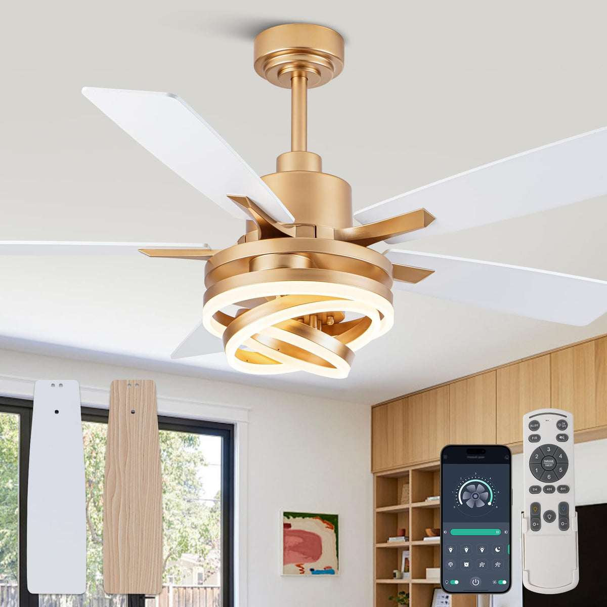52" Black and Gold Modern Chandelier Fandelier Ceiling Fan with Light | DC motor, reversible, dimmable, 3 adjustable rings for DIY shape; for bedroom, living room.