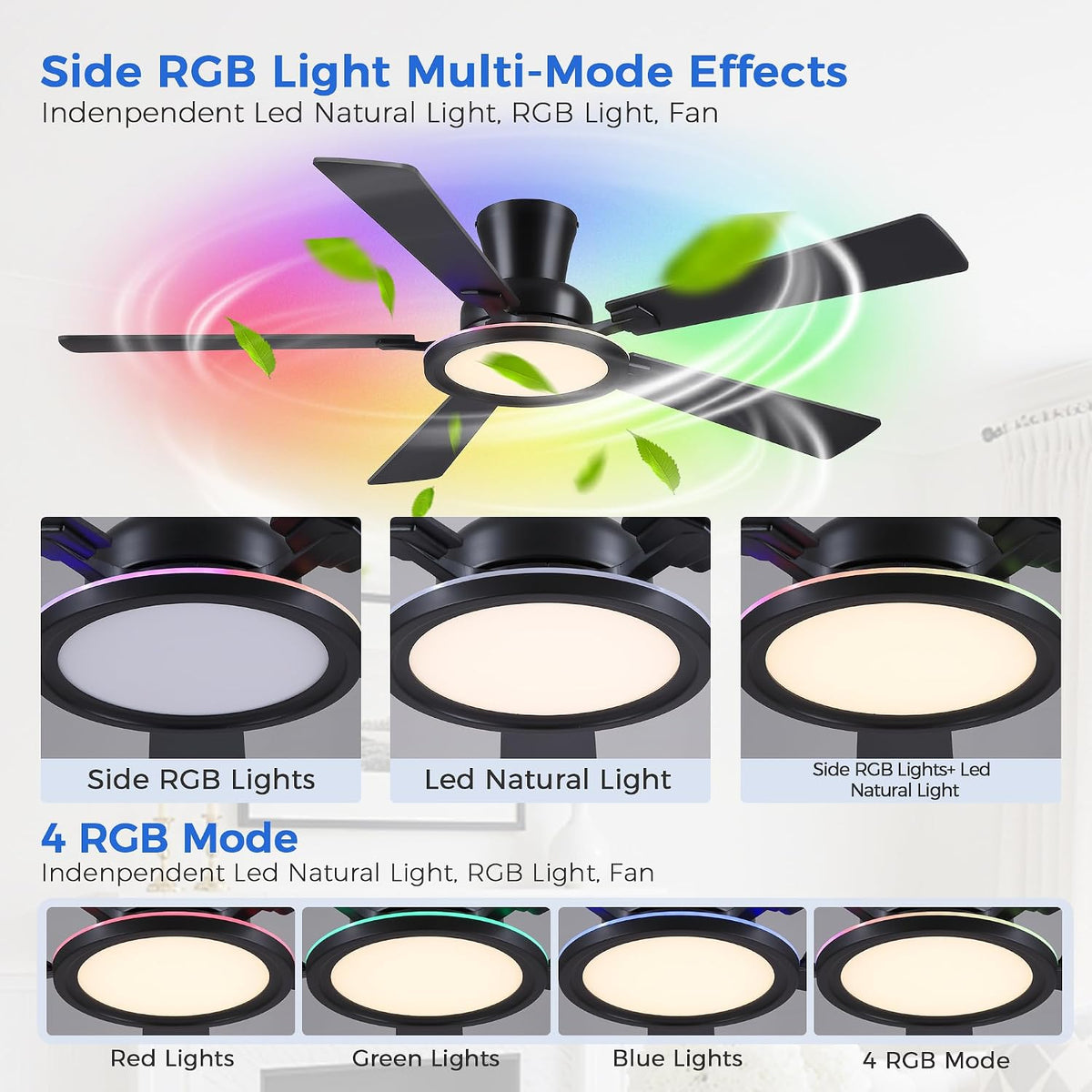 Ayaoty Ceiling Fans with Lights - 52in Flush Mount Ceiling Fan with RGB Dimmable, 3CCT 6 Wind Speeds and Reversible Quiet Motor, Low Profile RGB Fan Light for Modern Indoor, Party - Black