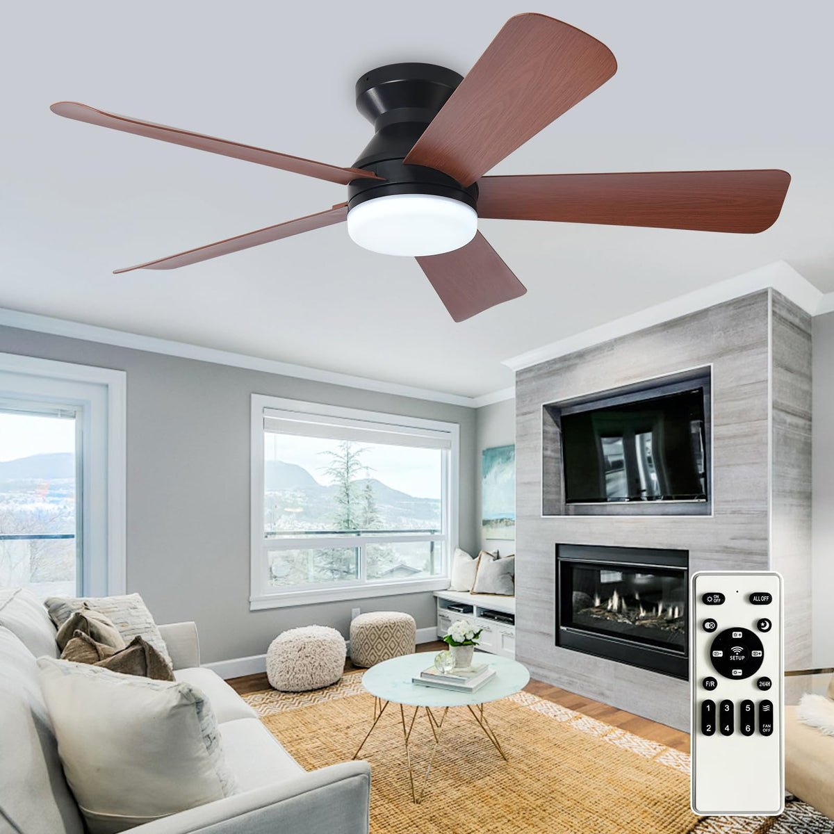 Depuley Modern Ceiling Fan with Light: 42-Inch Black Small Fans for Bedroom Indoor Outdoor - Dimmable Low Profile Ceiling Fans with Remote Control Flush Mount 5 Reversible Black Blades 6 Speeds Timer