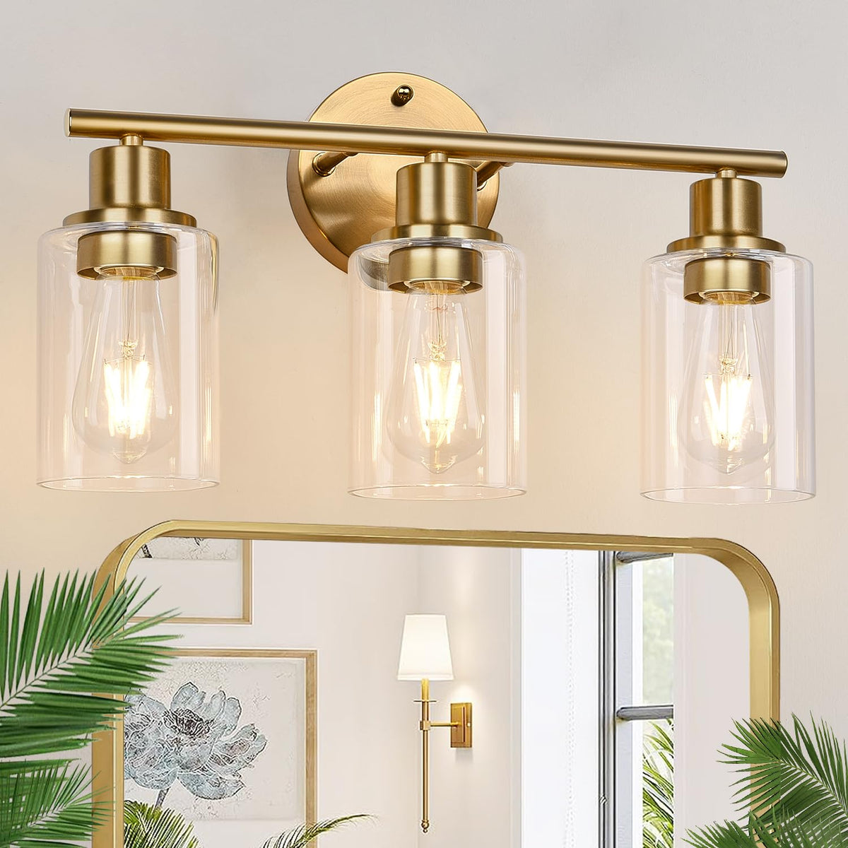 Zarbitta 3-Light Bathroom Light Fixtures, Brushed Nickel Vanity Light, Farmhouse Wall Lights with Clear Glass Shade, Bathroom Wall Lamp for Mirror Kitchen Bedroom Hallway Living Room Hallway Cabinet