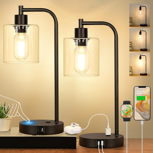 Set of 2 Industrial Touch Control Table Lamps with USB C+A Ports and AC Outlet - 3-Way Dimmable Black Bedside Lamps Nightstand Desk Lamps for Bedroom Living Room, Glass Shade & 2 LED Bulbs Included