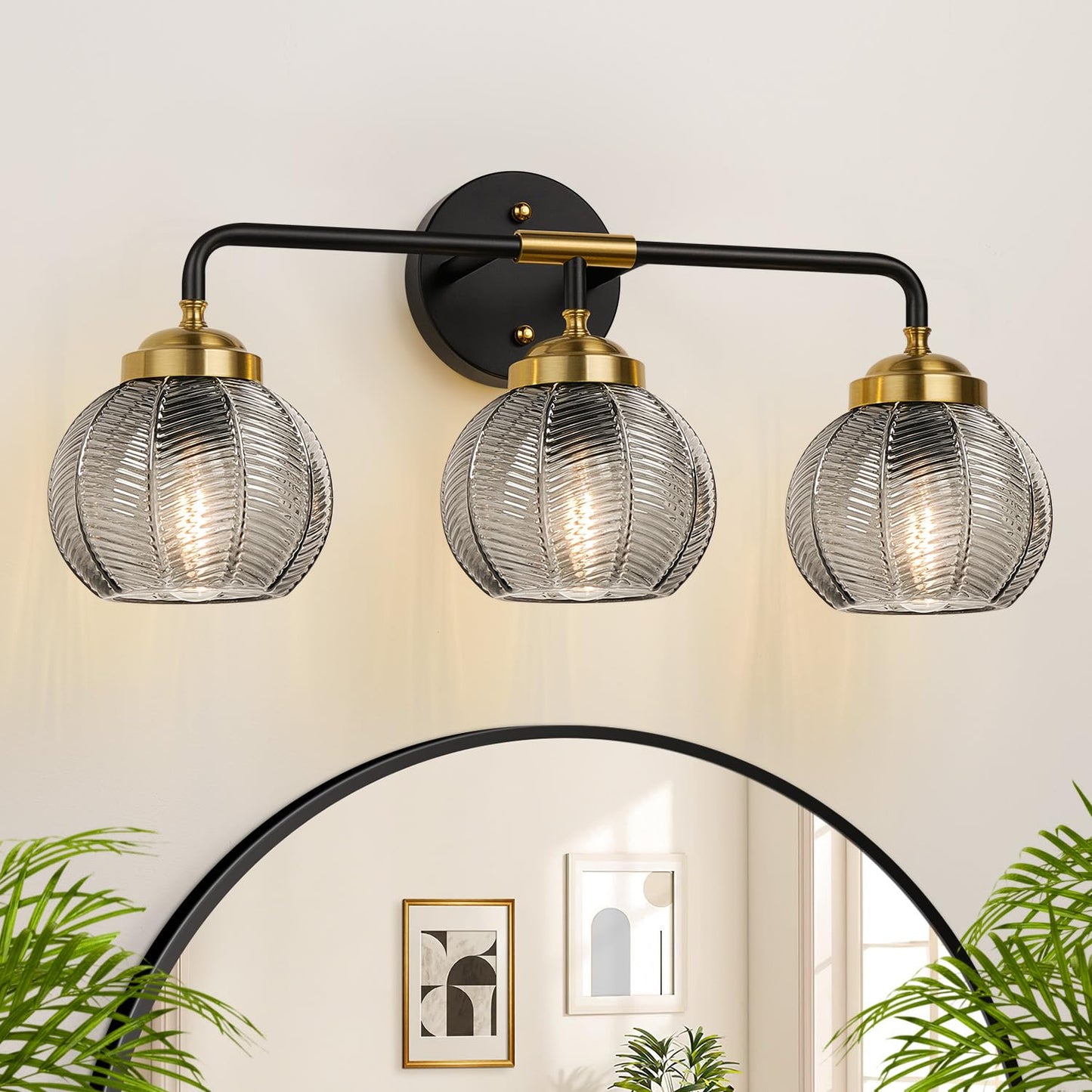 MOKATNG Bathroom Light Fixtures, 3-Light Green Vanity Lights with Unique Leaf Texture Glass Shade, Modern Matte Black and Gold Bathroom Wall Lamp for Mirror Hallway Cabinet Living Room