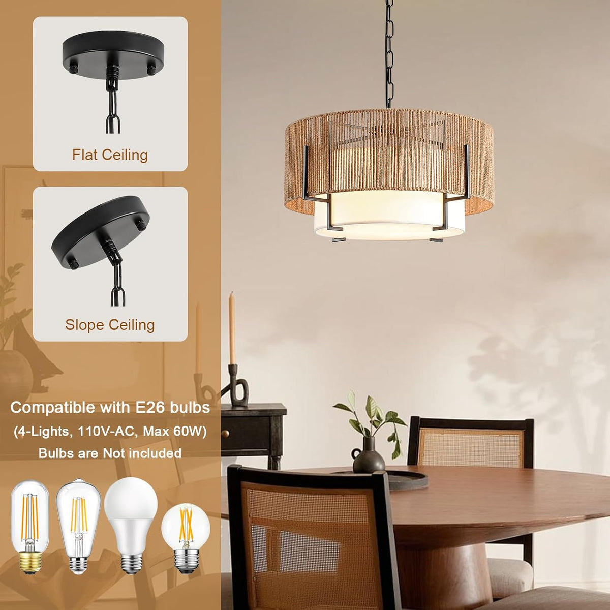 4-Light Rattan Chandelier for Dining Room, 19.7" Boho Pendant Light | Hand Woven, Drum Design with Fabric Shade, Farmhouse Style, for Living Room, Kitchen Island, Bedroom, Hallway, Foyer