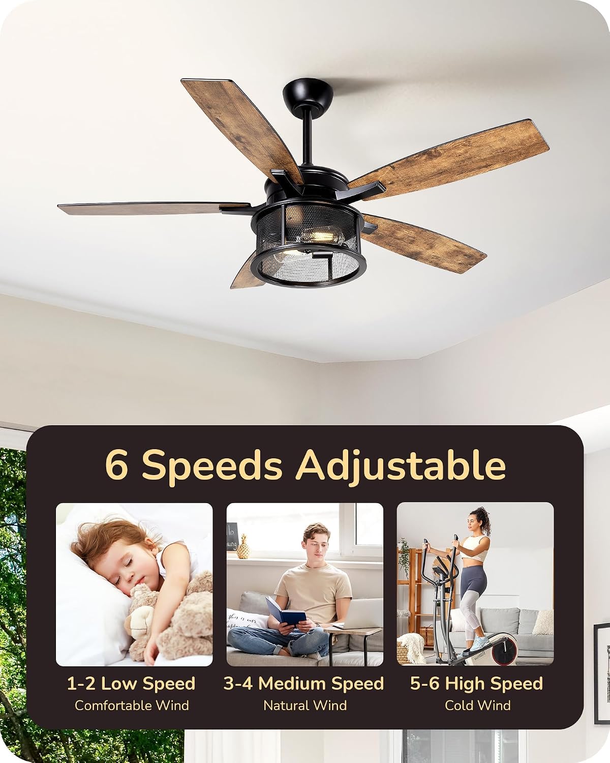 EDISHINE 52" Farmhouse Ceiling Fans with Lights and Remote, 5 Wooden Blades | 10%-100% Dimmable, Timer, 6 Speeds Reversible DC Motor, Wooden Blades Lighting Ceiling Fans for Living Room, Bedroom, Wood