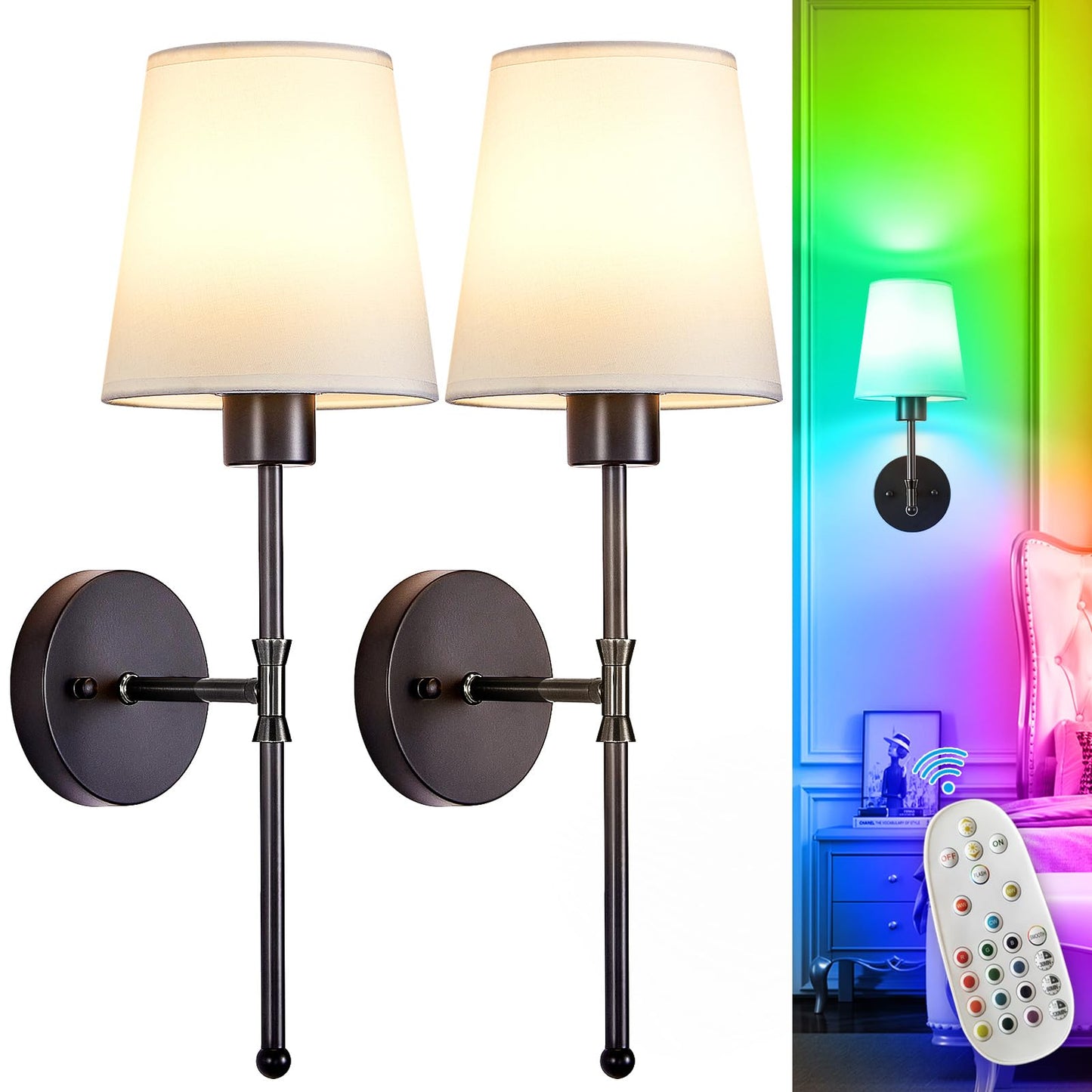 Depuley Battery Operated Wall Sconce: Set of 2 Wireless Wall Lights with 10000mAh Dimmable Bulbs and Remote for Bedroom - Rechargeable 15 Colors Gold Wall Lamp for Living Room Hallway