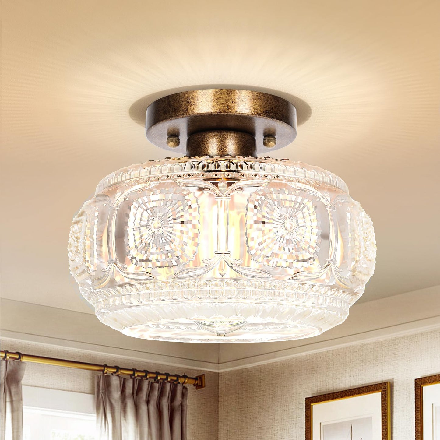 Globe Glass Semi Flush Mount Ceiling Light Fixture, Vintage Gold | Beautiful Light Shadow, Easy to Install, Bright Ambiance, Modern Lighting for Hallway Entryway Kitchen Bathroom Bedroom