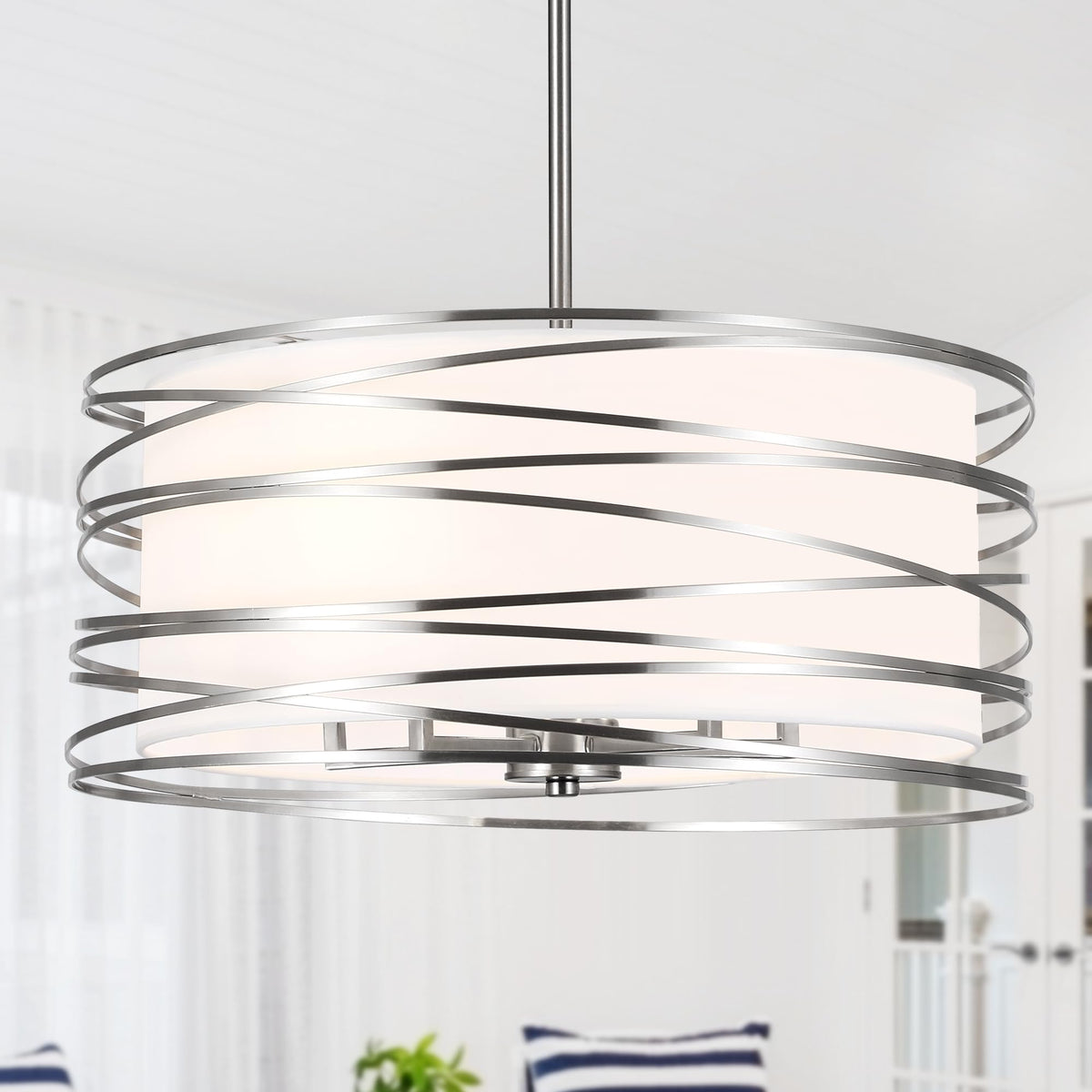 12.6'' Farmhouse Chandeliers for Dining Room, 3-Light Industrial Metal Hanging Light Fixture, Rustic Drum Pendant Light for Entryway Kitchen Foyer Bedroom, Black with Retro Wood Texture Interior