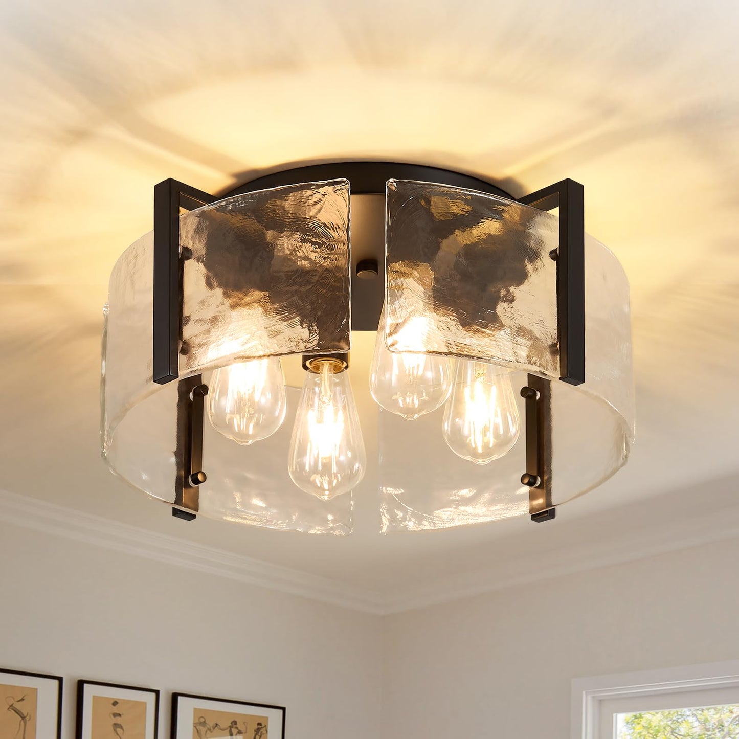 Black Semi Flush Mount Ceiling Light, 14" Farmhouse Hallway Light Fixtures | Vintage Drum Glass Entryway Lighting, Mid Century Modern Lights for Kitchen Dining Room Foyer Bedroom Laundry Room Bathroom