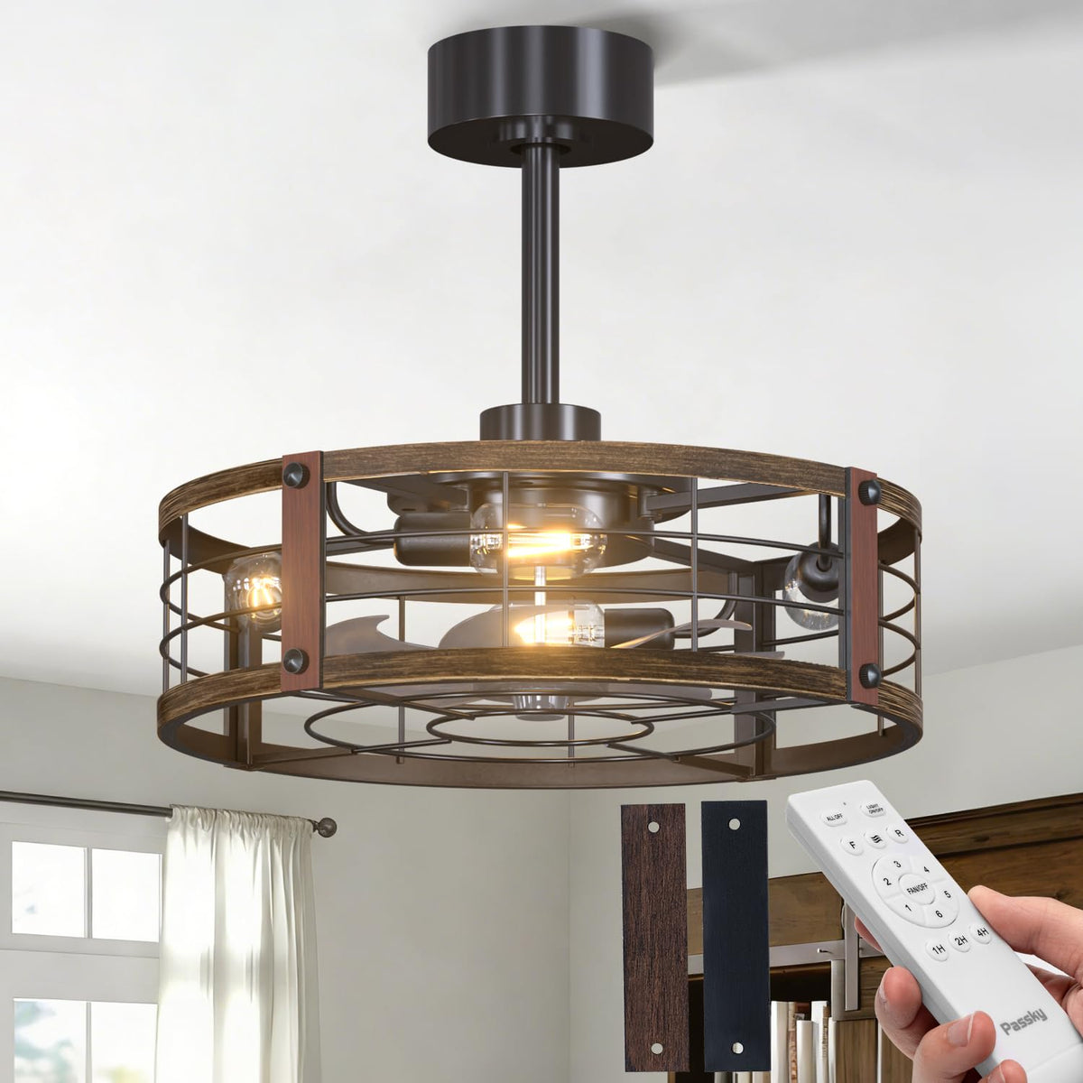 Passky 20" Caged Ceiling Fans with Lights and Remote, Low Profile Fandelier | Reversible DC Motor, 1/2/4H Timer, 6 Speeds, Farmhouse Style, Quiet Operation, for Bedroom, Kitchen, Dining Room, Living Room