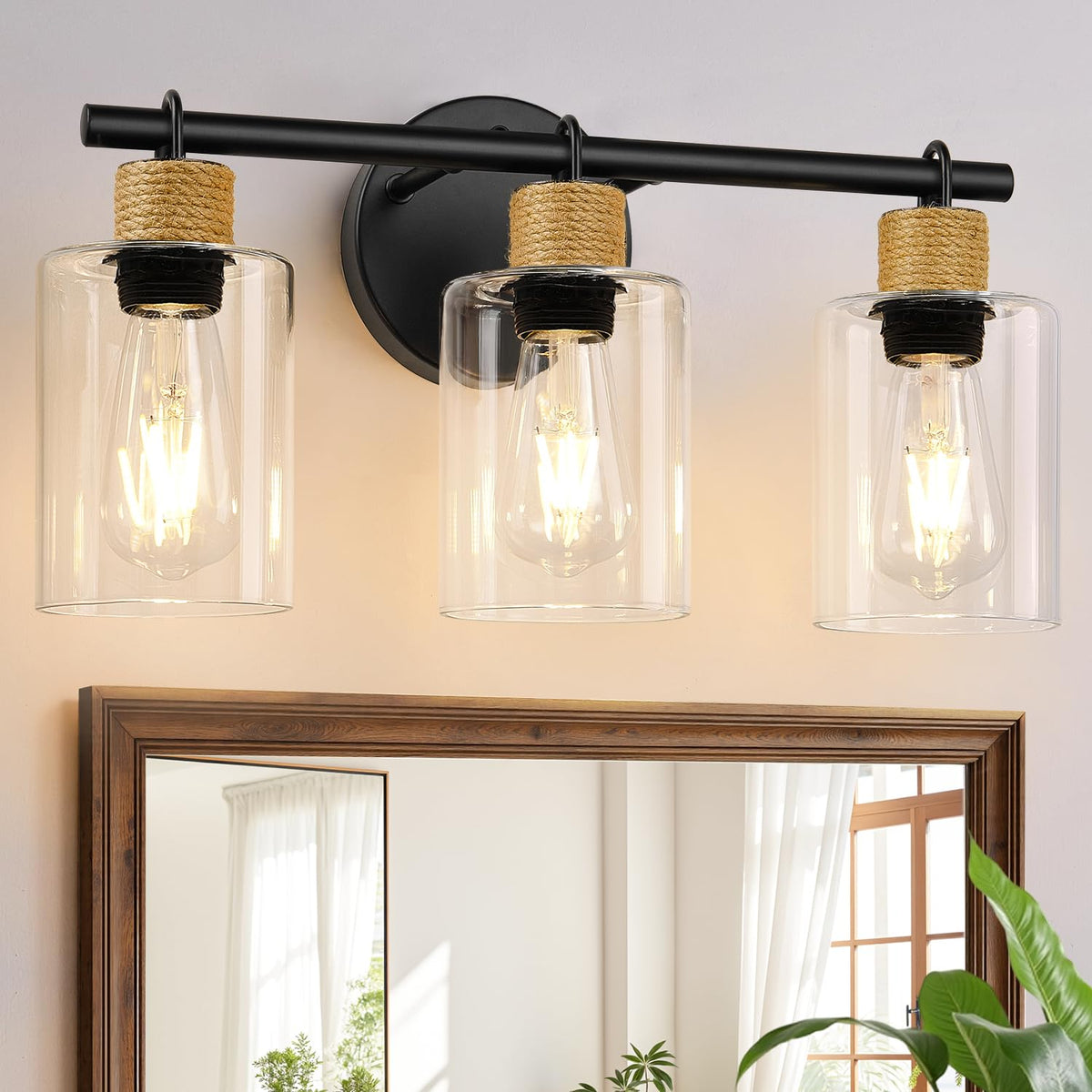 MOKATNG Bathroom Light Fixtures, 3-Light Coastal Vanity Lights with Crystal Glass Shade, Black Bathroom Wall Lamp for Mirror Kitchen Hallway Cabinet