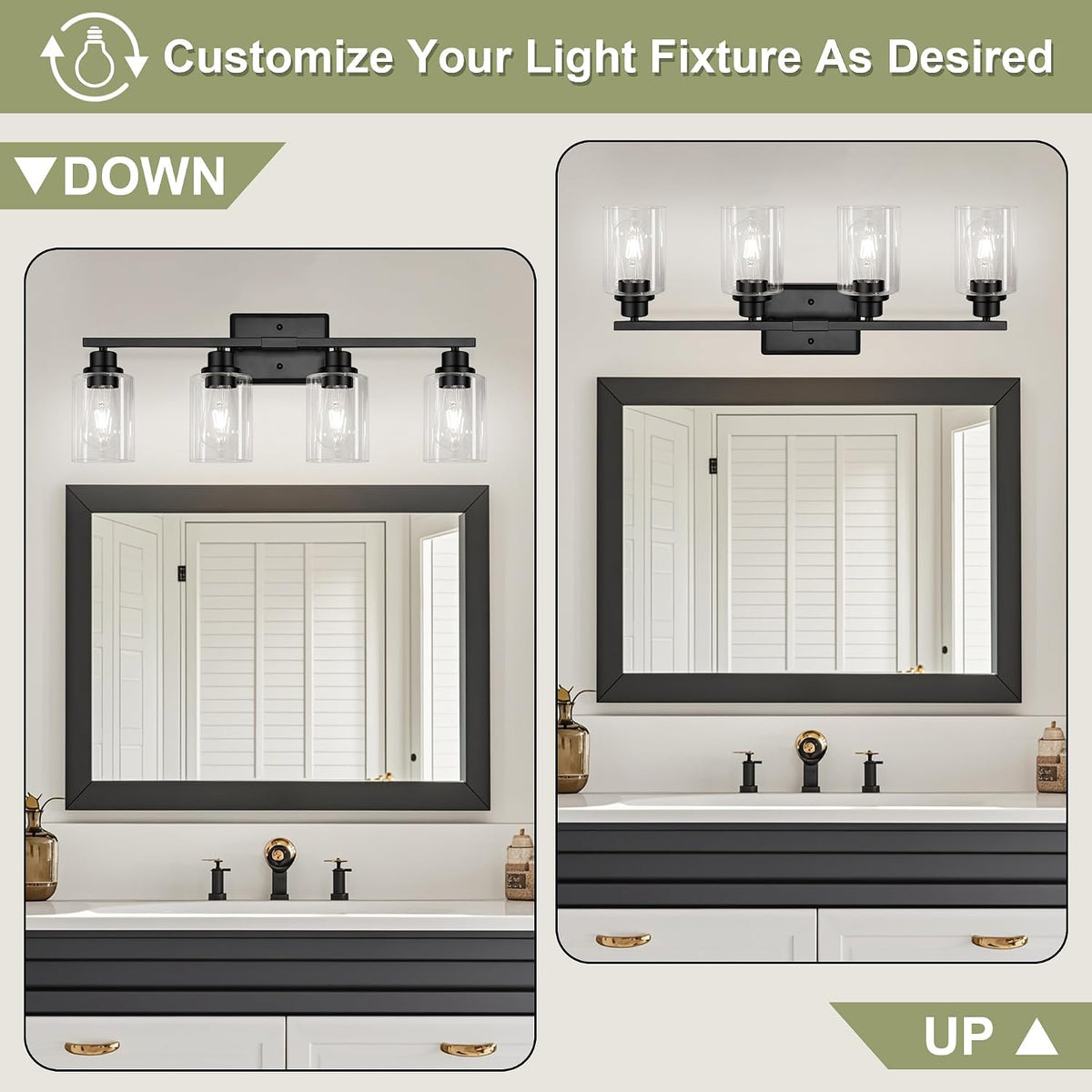 Modern Bathroom Light Fixtures, 4 Light Vanity Lights Over Mirror, Black Wall Lamp with Clear Glass for Living Room Cabinet Bedroom Porch