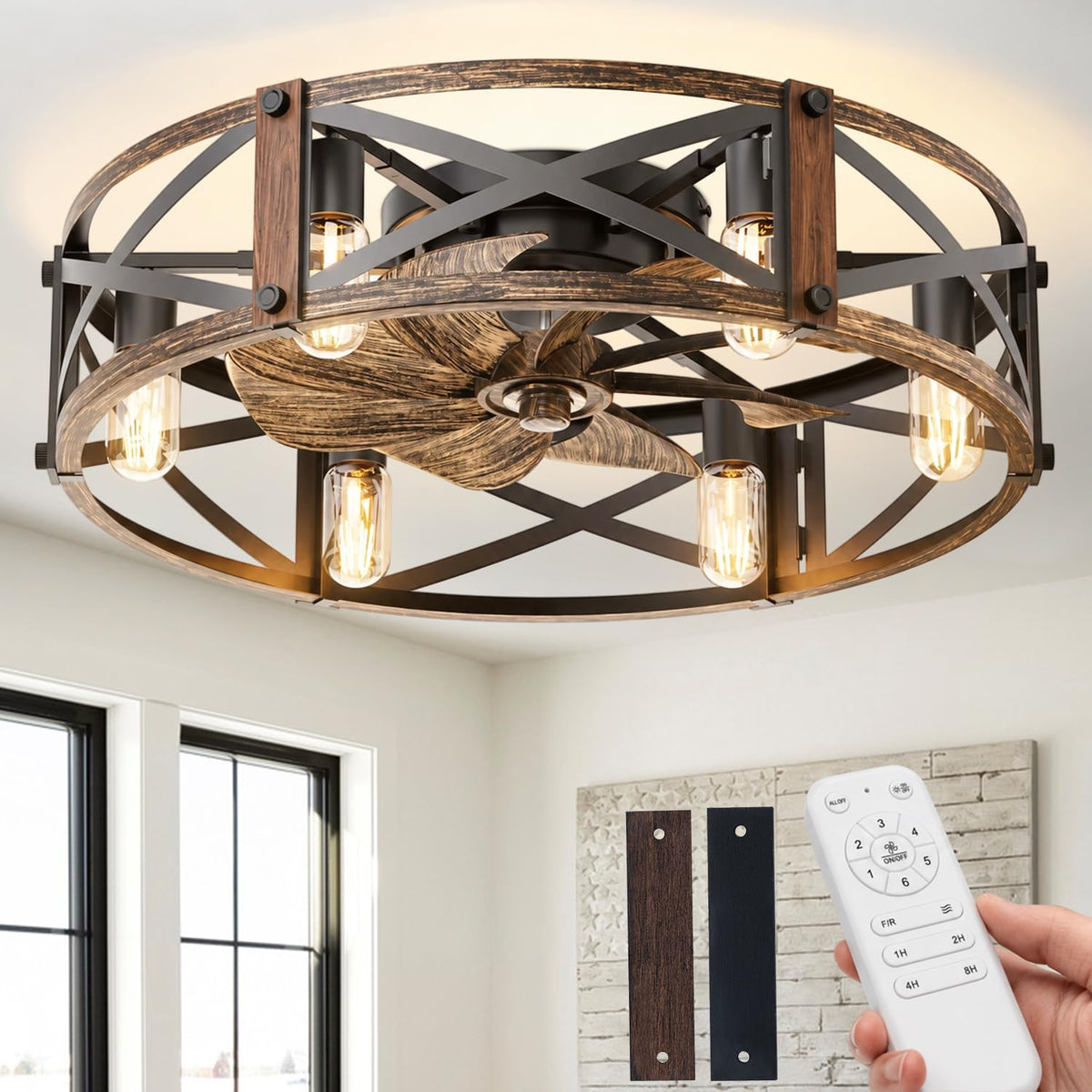 Passky 20" Caged Ceiling Fans with Lights and Remote, Low Profile Fandelier | Reversible DC Motor, 1/2/4H Timer, 6 Speeds, Farmhouse Style, Quiet Operation, for Bedroom, Kitchen, Dining Room, Living Room