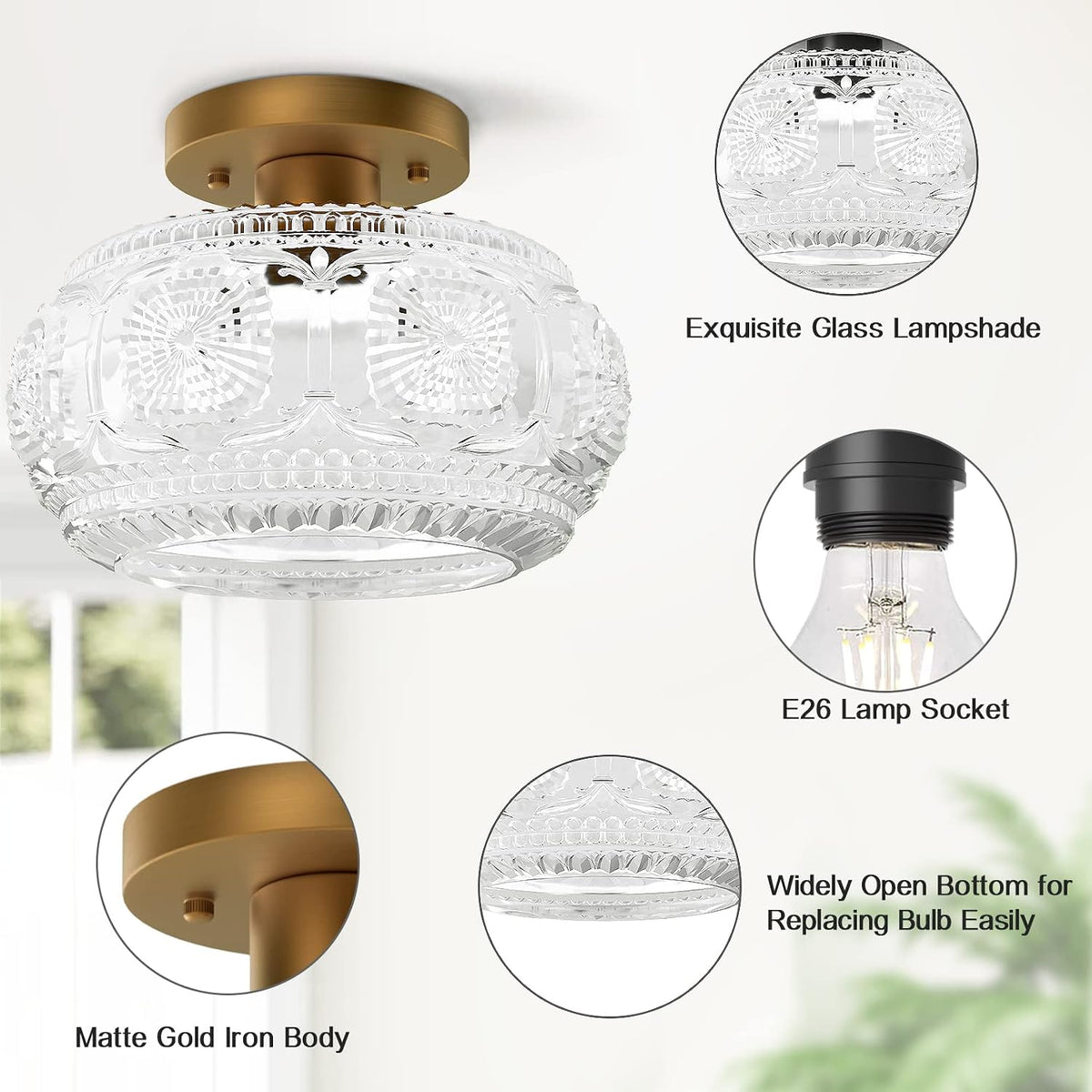 Globe Glass Semi Flush Mount Ceiling Light Fixture, Vintage Gold | Beautiful Light Shadow, Easy to Install, Bright Ambiance, Modern Lighting for Hallway Entryway Kitchen Bathroom Bedroom