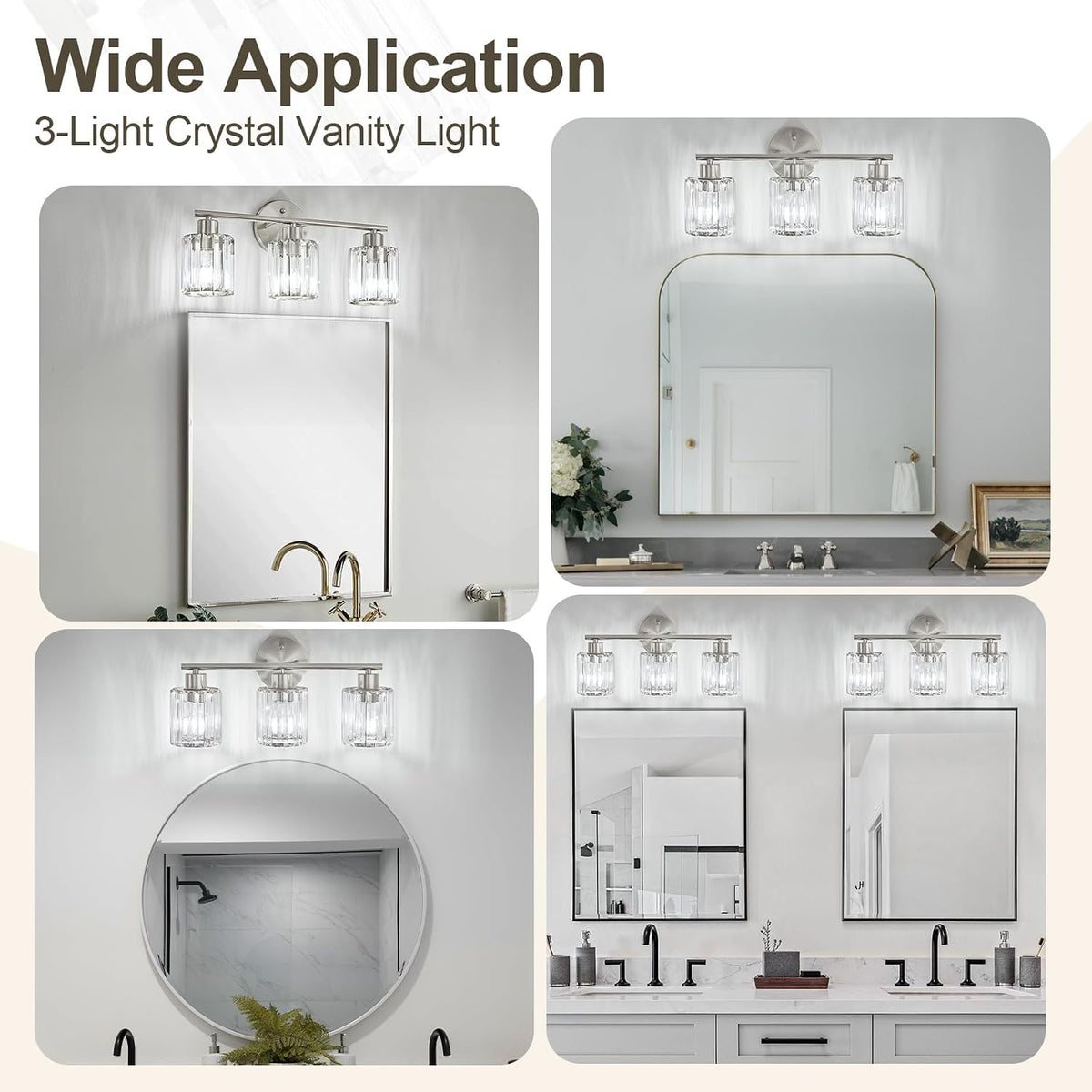 Modern Brushed Nickel Crystal Bathroom Light Fixtures,3-Light | Bathroom Lighting Fixtures over Mirror,Vanity Lights for Mirror, Restroom(Ceramic E26 Socket,Bulbs Not Include)