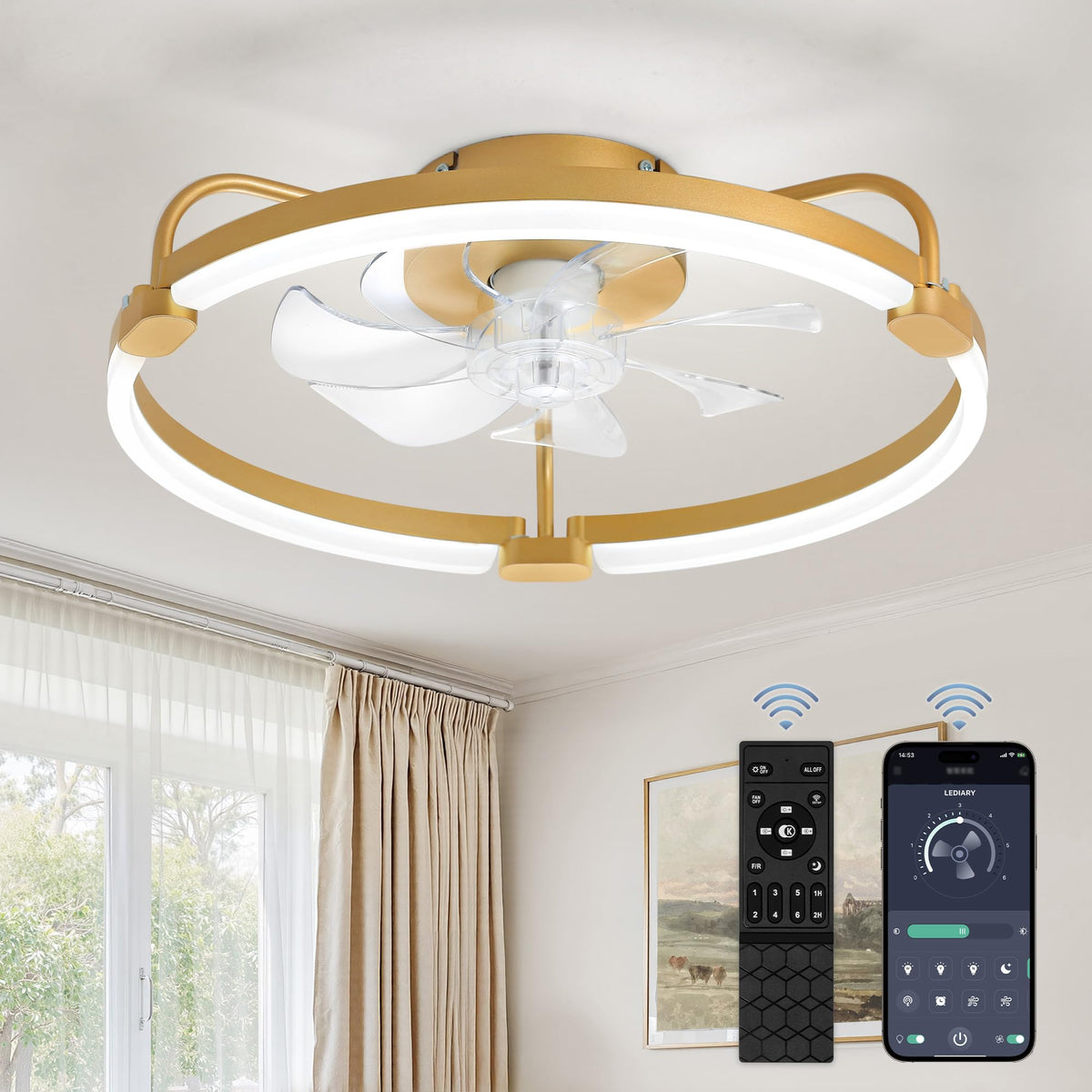 LEDIARY 20" Ceiling Fans with Lights and Remote, Low Profile Led Fan Light | Flush Mount, Stepless Dimmable Fandelier, 6 Speeds, 3 CCT, Quiet Reversible DC Motor, 2H Timer, Bedroom, Living Room, Black