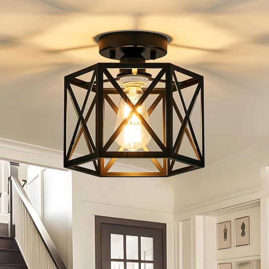 Modern Farmhouse Black Metal Semi Flush Mount Ceiling Light Fixture 9.5 in | Industrial Lighting Fixture,Hexagonal Close to Ceiling Lights for Kitchen, Hallway, Entryway, Bedroom,Foyer,Laundry Room