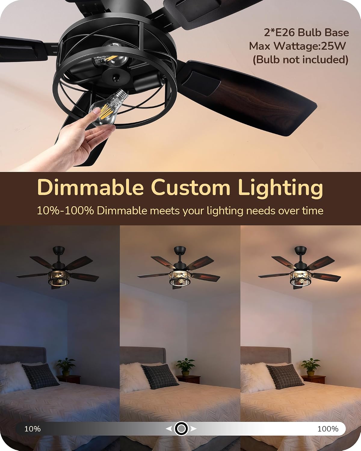 EDISHINE 42" Farmhouse Ceiling Fans with Light and Remote,10%-100% Dimmable | Reversible DC Motor, 6 Speed, 5 Wooden Blades, Timer, Rustic Caged Fandelier Ceiling Fan for Living Room, Bedroom