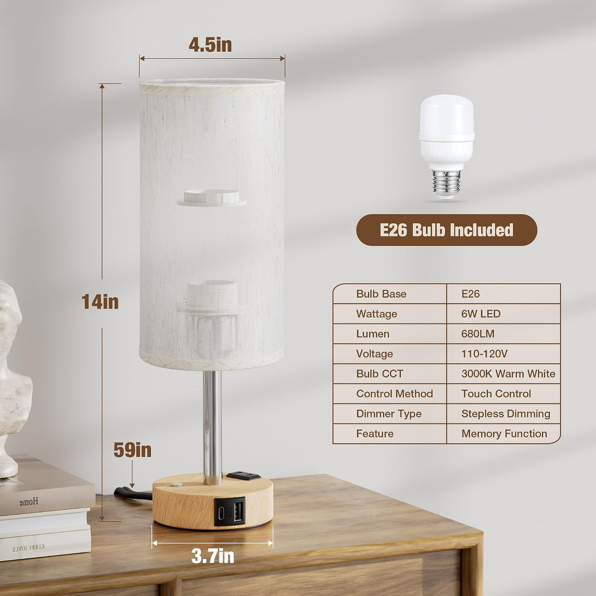 Touch Bedside Table Lamp for Bedroom, Stepless Dimmable, USB A+C, AC Outlet | Base Touch Button Only, Memory Brightness, Ultra-dim Night Light, Included Bulb for Optimal Dimming, Wood Grain Base, Nursery