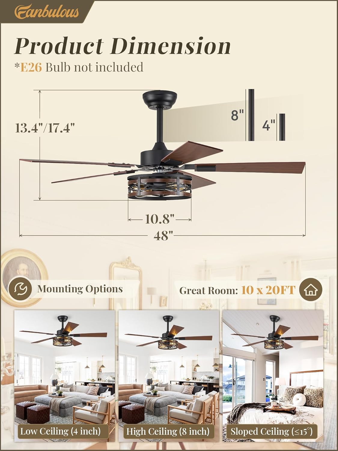 Fanbulous 48" Farmhouse Ceiling Fan with Light & Remote, 2-Light Caged | DC Motor Quiet and Reversible, 6-Speed Adjustable, Dual Finish 5 Blades Rustic for Bedroom and Living Room, Black and Walnut