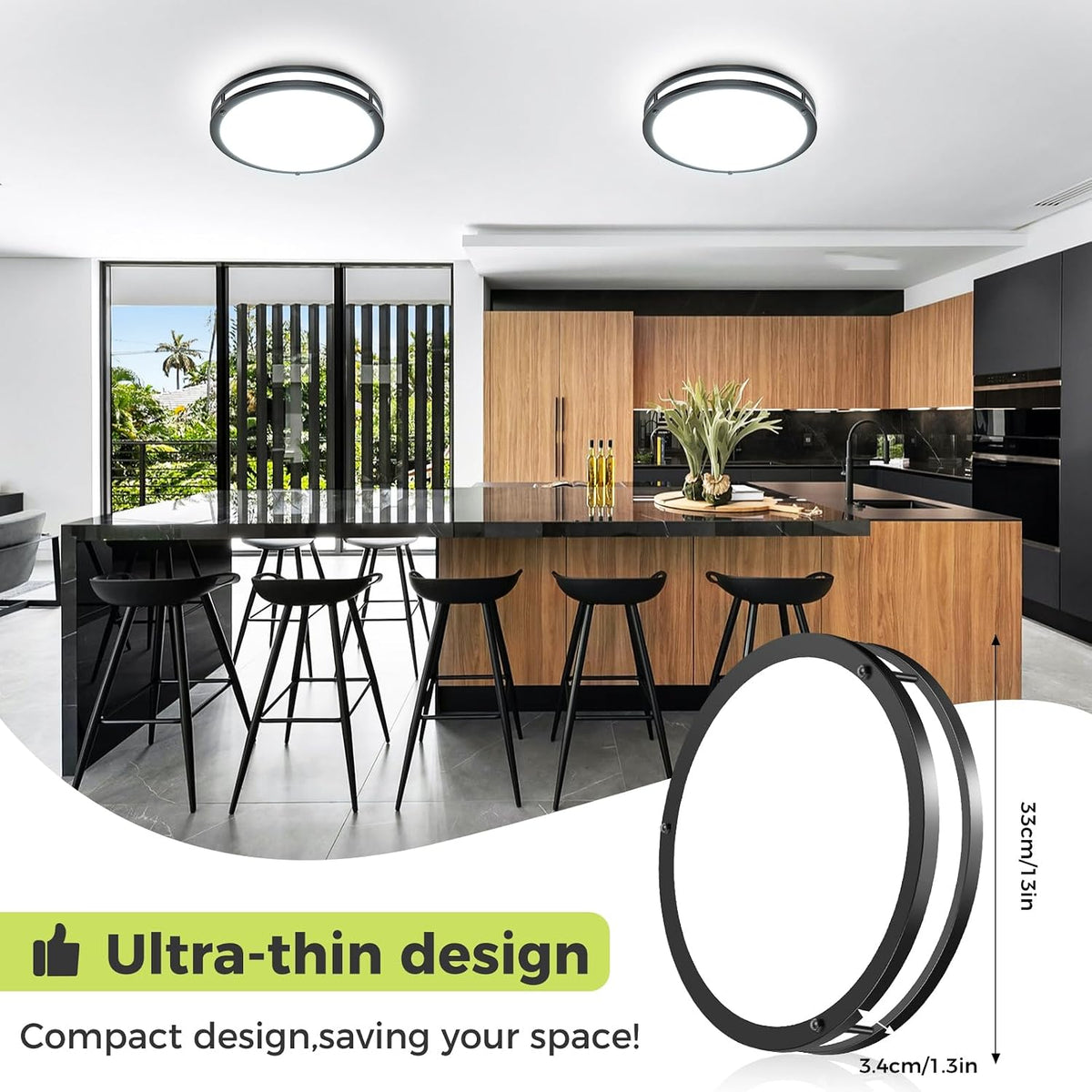 hepside 13inch Flush Mount Ceiling Light Fixture 2 Pack, Dimmable & 5 Color Temperatures Ceiling Light Black, 24W 3000K 3500K 4000K 5000K 6500K Adjustable Ceiling Lamps for Bathroom Bedroom Hallway