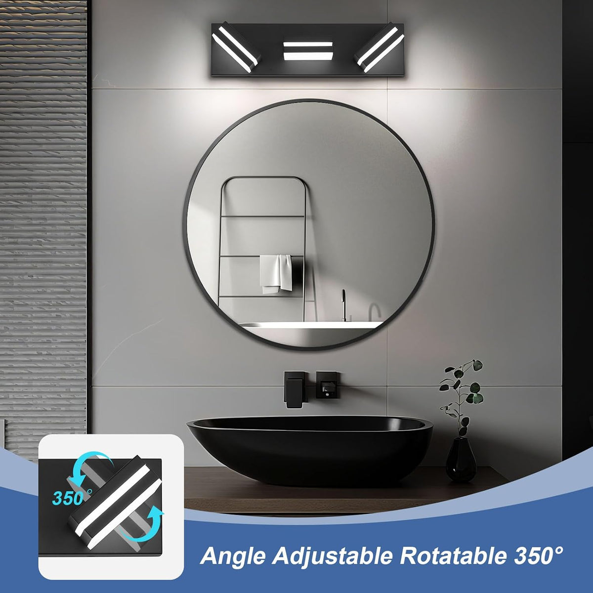 Modern LED Small Black Acrylic Bathroom Lights Fixtures 3-Light | Wall Lighting,Vanity Lights for Bathroom Over Mirror 6000K 350°Rotate（No Assembly Required）
