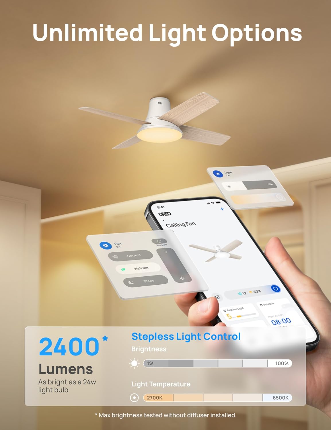 DREO Ceiling Fans with Lights 44'', Flush Mount Smart Ceiling Fan, Remote
