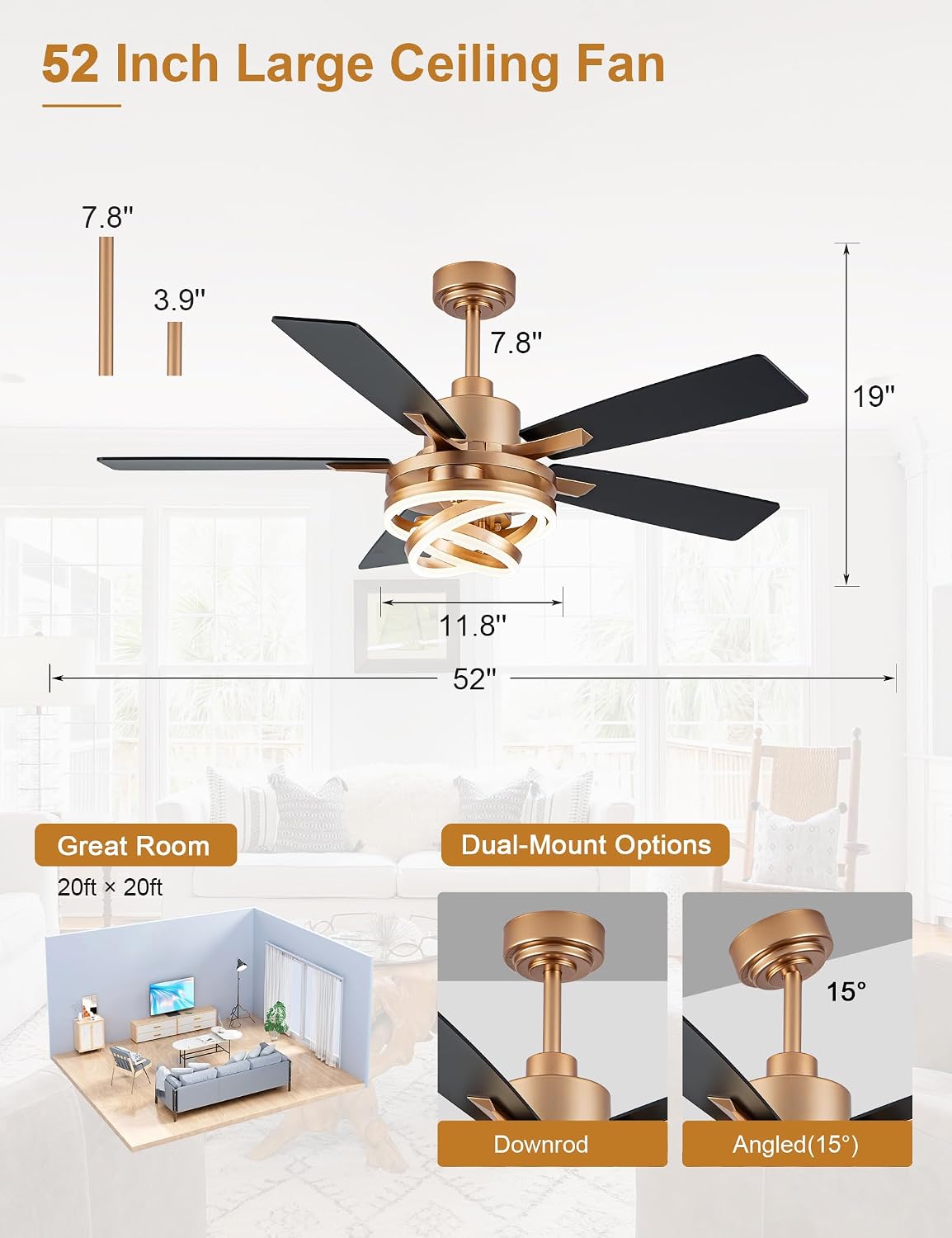 52" Black and Gold Modern Chandelier Fandelier Ceiling Fan with Light | DC motor, reversible, dimmable, 3 adjustable rings for DIY shape; for bedroom, living room.
