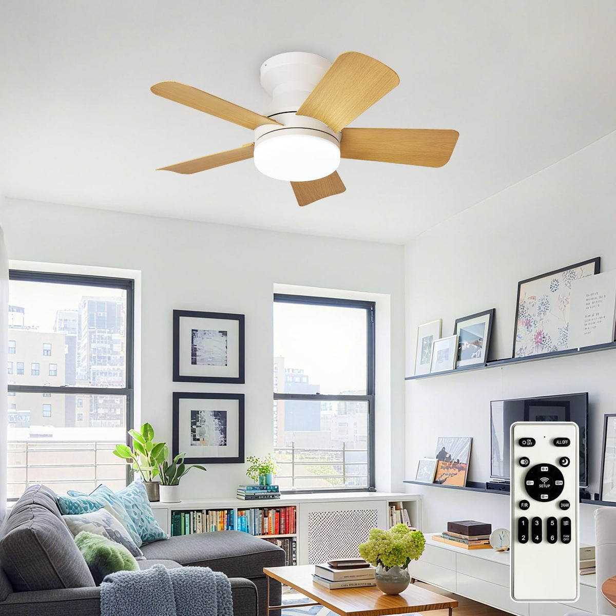 Depuley Modern Ceiling Fan with Light: 42-Inch Black Small Fans for Bedroom Indoor Outdoor - Dimmable Low Profile Ceiling Fans with Remote Control Flush Mount 5 Reversible Black Blades 6 Speeds Timer