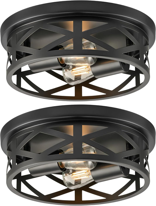 VONLUCE Flush Mount Ceiling Light 11", 2-Light Hallway Light Fixture, 2 pcs | Farmhouse Metal Cage Ceiling Lights for Entryway Kitchen, Adjustable Lamp Holder, Black Finish, 2 Pack, ETL Listed
