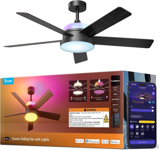 Govee Ceiling Fans with Lights and Remote, RGBIC Smart 52'' flush mount | Reversible DC Motor, Dimmable, 2800lm, Low Profile Ceiling Fan for Bedroom, Living Room, Black