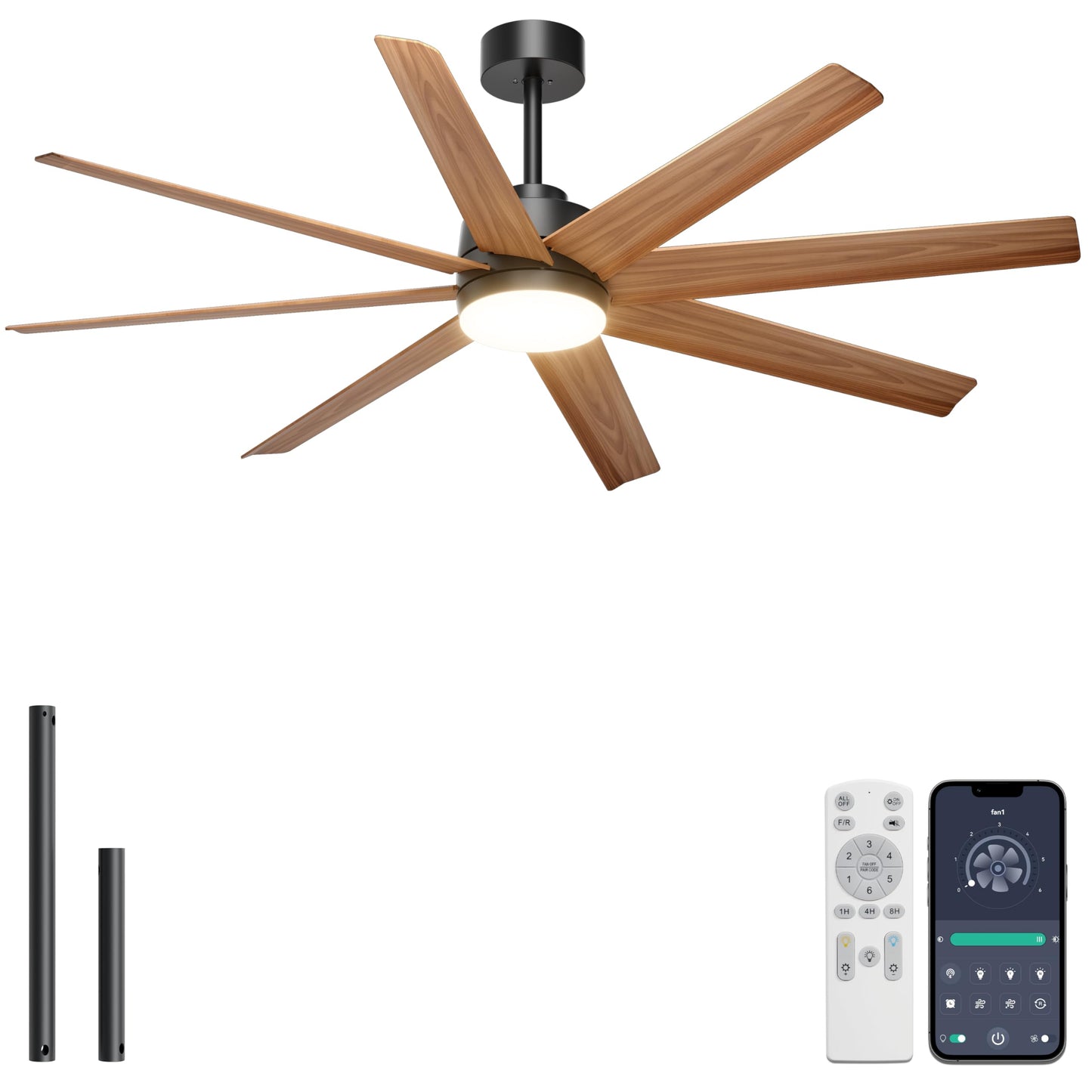 Ohniyou 60" Black Ceiling Fan with Light for Patio, Porch, Living Room | Remote/App Control, Quiet DC Motor, 3CCT Dimming, Modern Covered Outdoor Fan with 8 ABS Blades