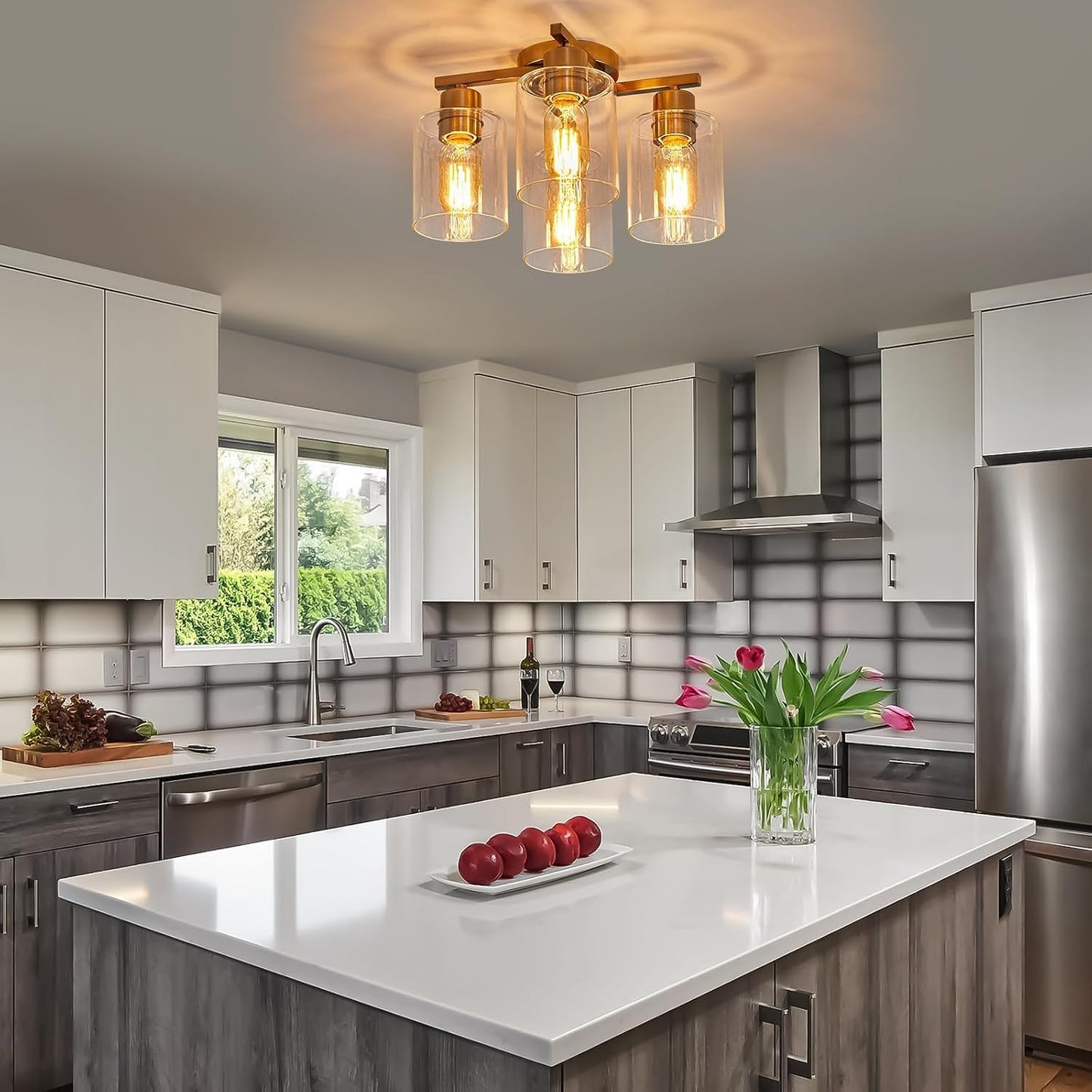 Semi Flush Mount Ceiling Light Kitchen Lighting Fixtures Ceiling Brushed Nickel Kitchen Cieling Light Fixtures with Clear Glass Shade for Dining Room Bedroom Living Room Hallway E26 Scoket