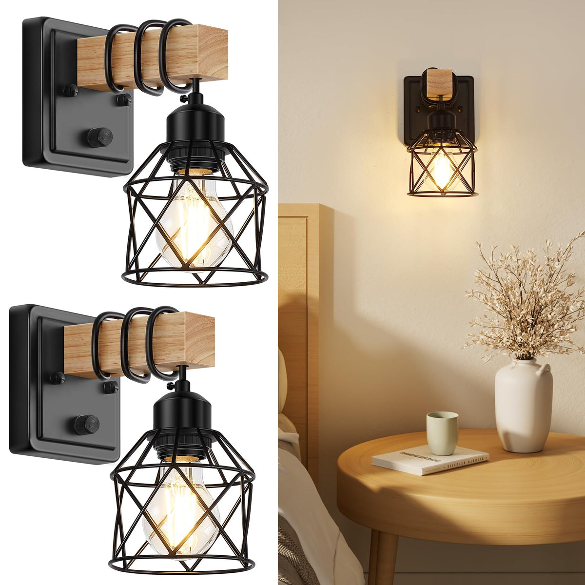 FadimiKoo 3-Light Bathroom Vanity Lights, Farmhouse Bathroom Light Fixtures | Rustic Wood & Black Metal Shade, Wood Bathroom Lighting Fixtures Over Mirror, Wall Sconces for Bathroom Bedroom Living Room