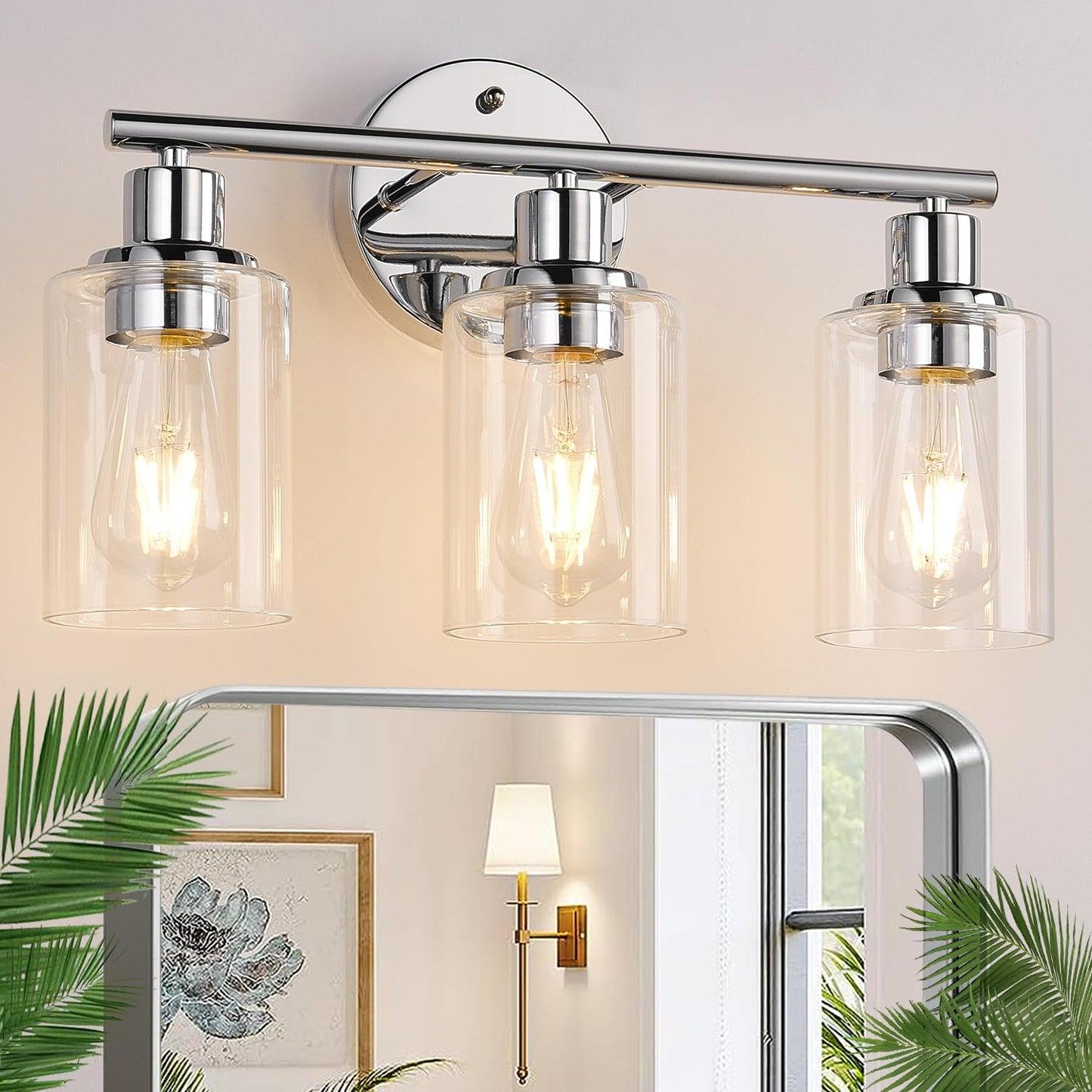Zarbitta 3-Light Bathroom Light Fixtures, Brushed Nickel Vanity Light, Farmhouse Wall Lights with Clear Glass Shade, Bathroom Wall Lamp for Mirror Kitchen Bedroom Hallway Living Room Hallway Cabinet
