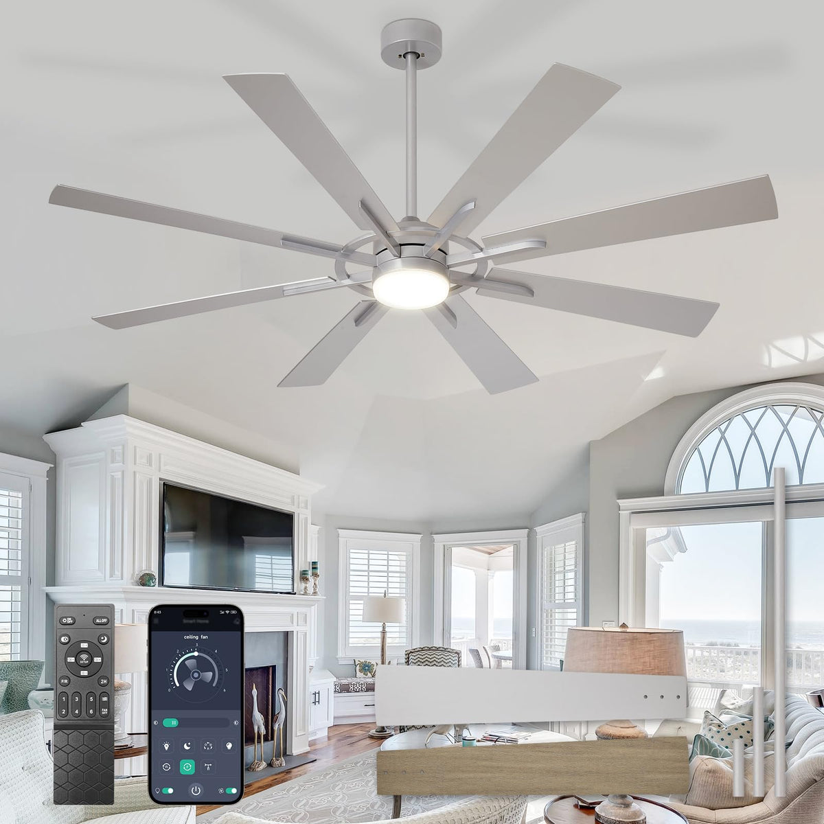 Large Ceiling Fans with Lights: Modern 72 Inch 8 Blade Outdoor Ceiling Fan with Remote APP Control - Dimmable Black Big Fan Light Indoor Reversible 6 Speed Quiet DC Motor