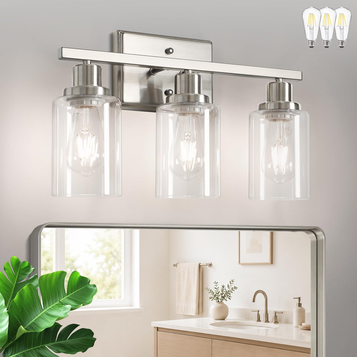 Ascher Bathroom Vanity Light Fixtures, 3 Light Wall Sconces Lighting with Clear Glass Shade, Brushed Nickel Wall Lights for Mirror, Kitchen, Living Room, Gallery, E26 Base (Bulbs Not Included)