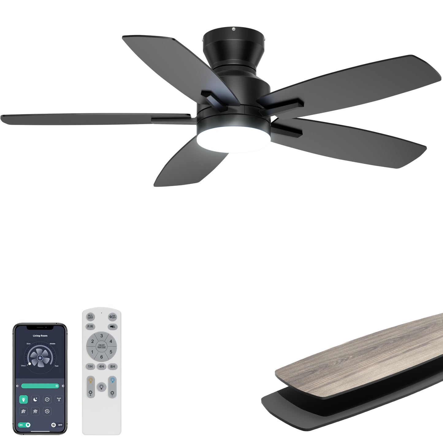 Ohniyou 52'' Low Profile Ceiling Fan with Lights, Remote/APP Control, Black | Flush Mount, Dimmable 3CCT LED, Quiet Reversible DC Motor; Memory Function, 4580 CFM, for Indoor Bedroom Living Room