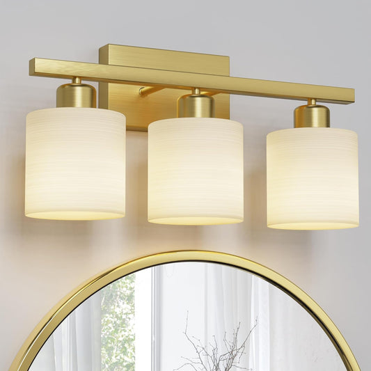 Bathroom Light Fixtures, Bathroom Lighting Fixtures Over Mirror, Interior Classic Vanity Lights, Modern Vanity Light with Textured White Glass Shade, Brushed Gold, 3-Light