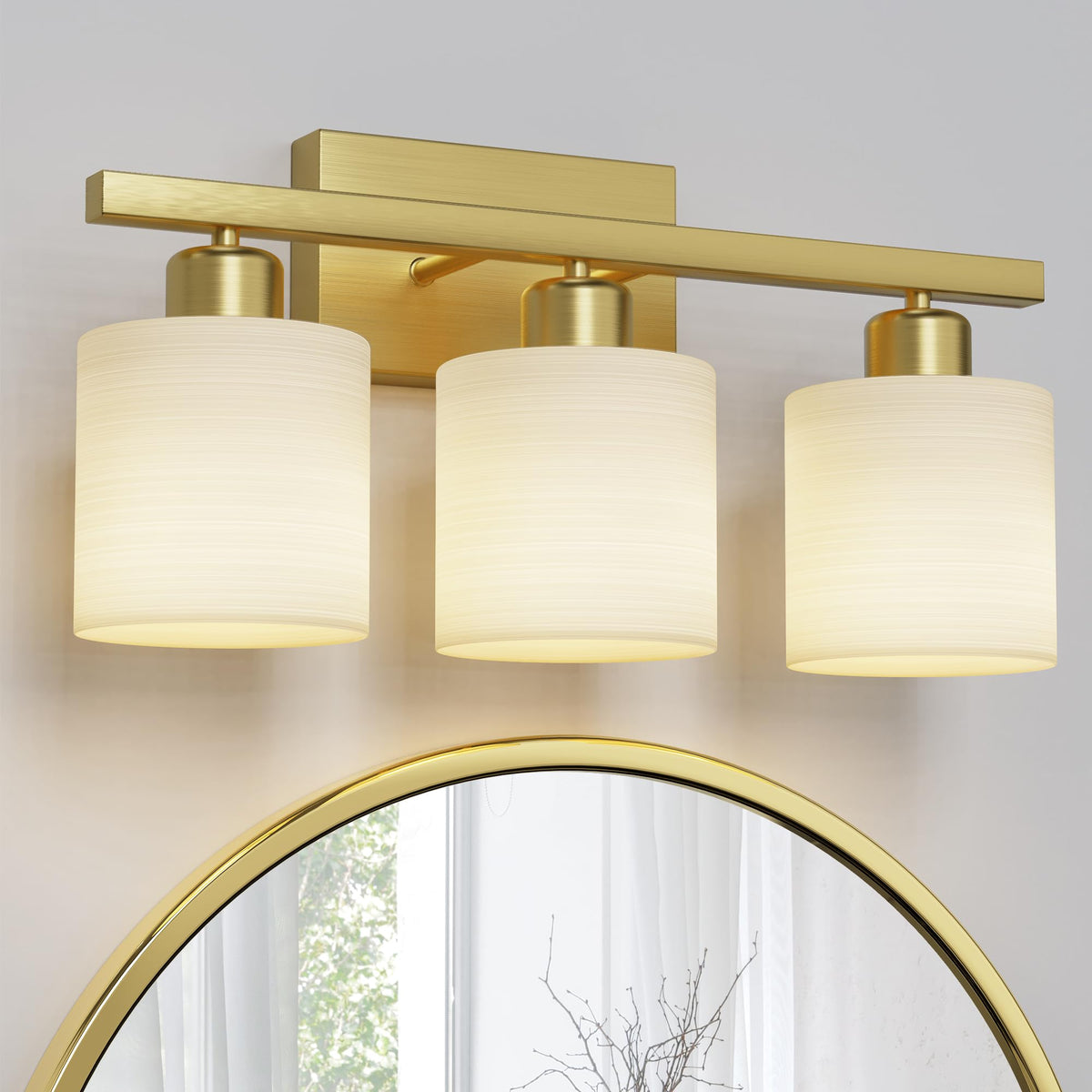 Bathroom Light Fixtures, Bathroom Lighting Fixtures Over Mirror, Interior Classic Vanity Lights, Modern Vanity Light with Textured White Glass Shade, Brushed Gold, 3-Light